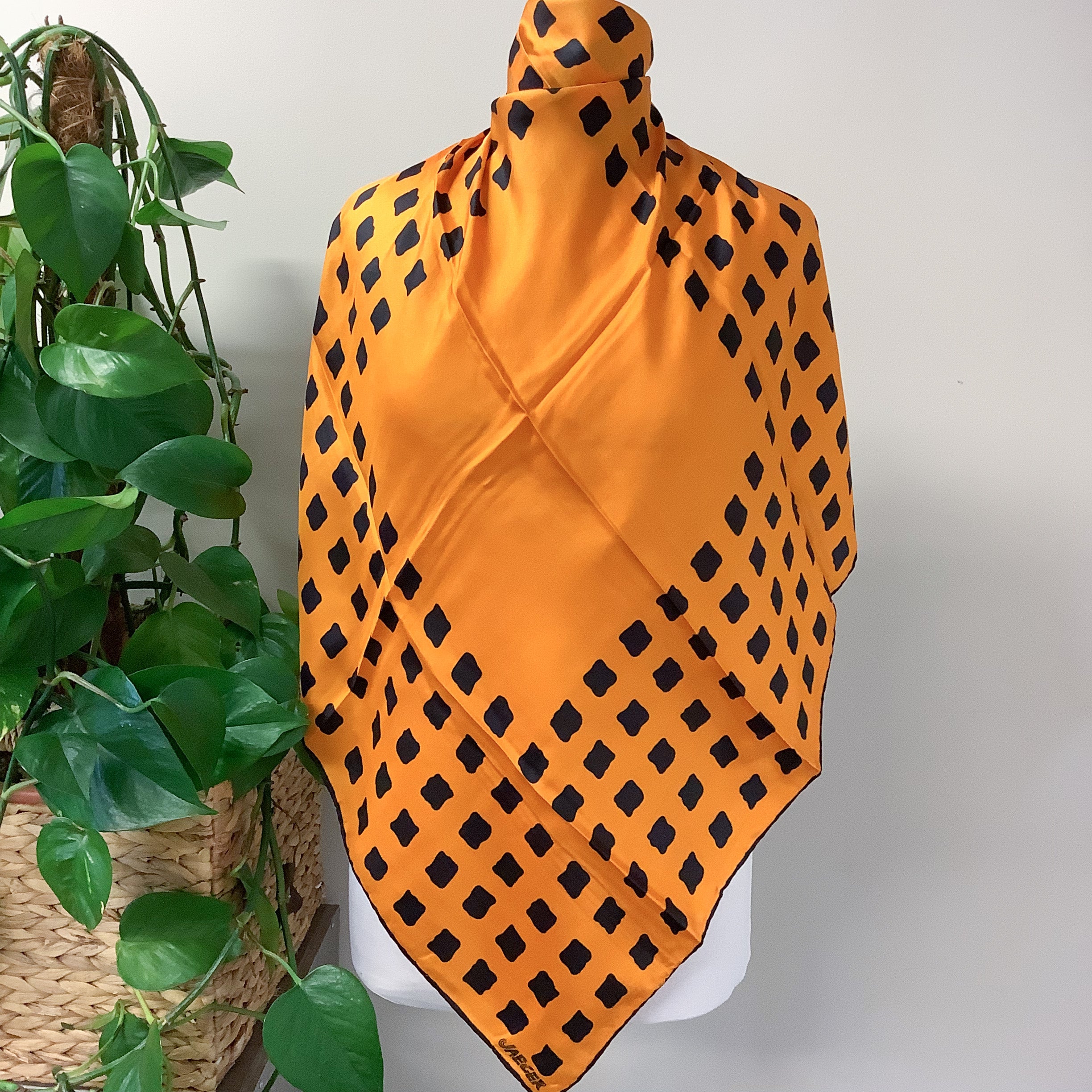 1970s Orange and Black Jaeger Vintage Silk Scarf