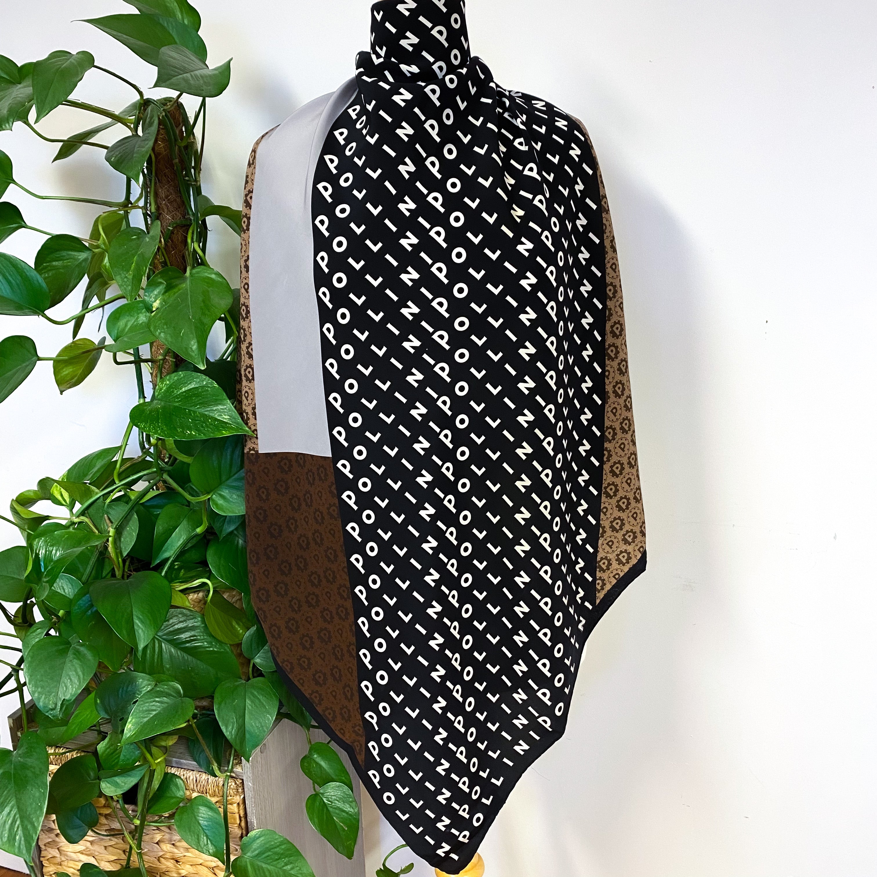 Pollini Large Black and Brown Modern Silk Scarf
