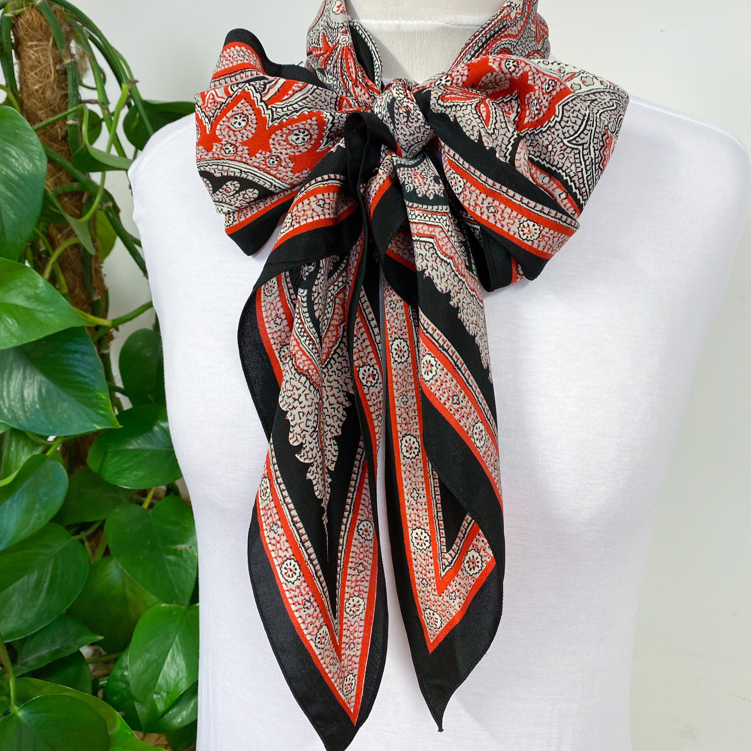 1940s Long Pussy Bow Black and Red Paisley Vintage Silk Scarf