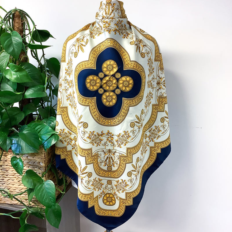 Navy and Gold Large Italian Silk Scarf