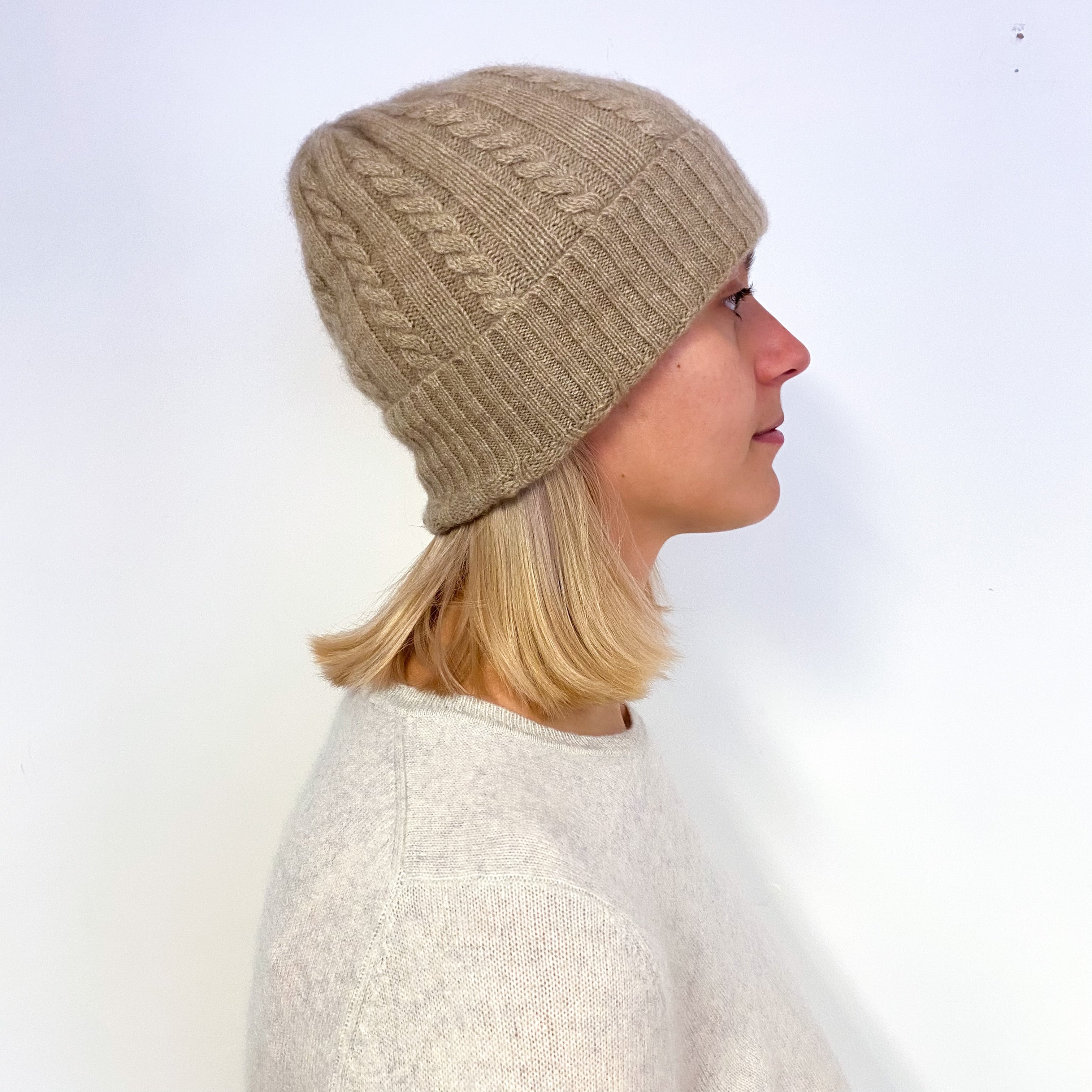 Fawn Beige Cable Cashmere Beanie Hat