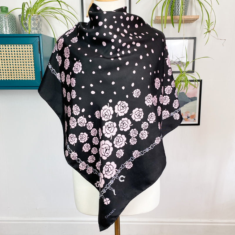 Chanel Designer Black and Pink Floral Silk Scarf