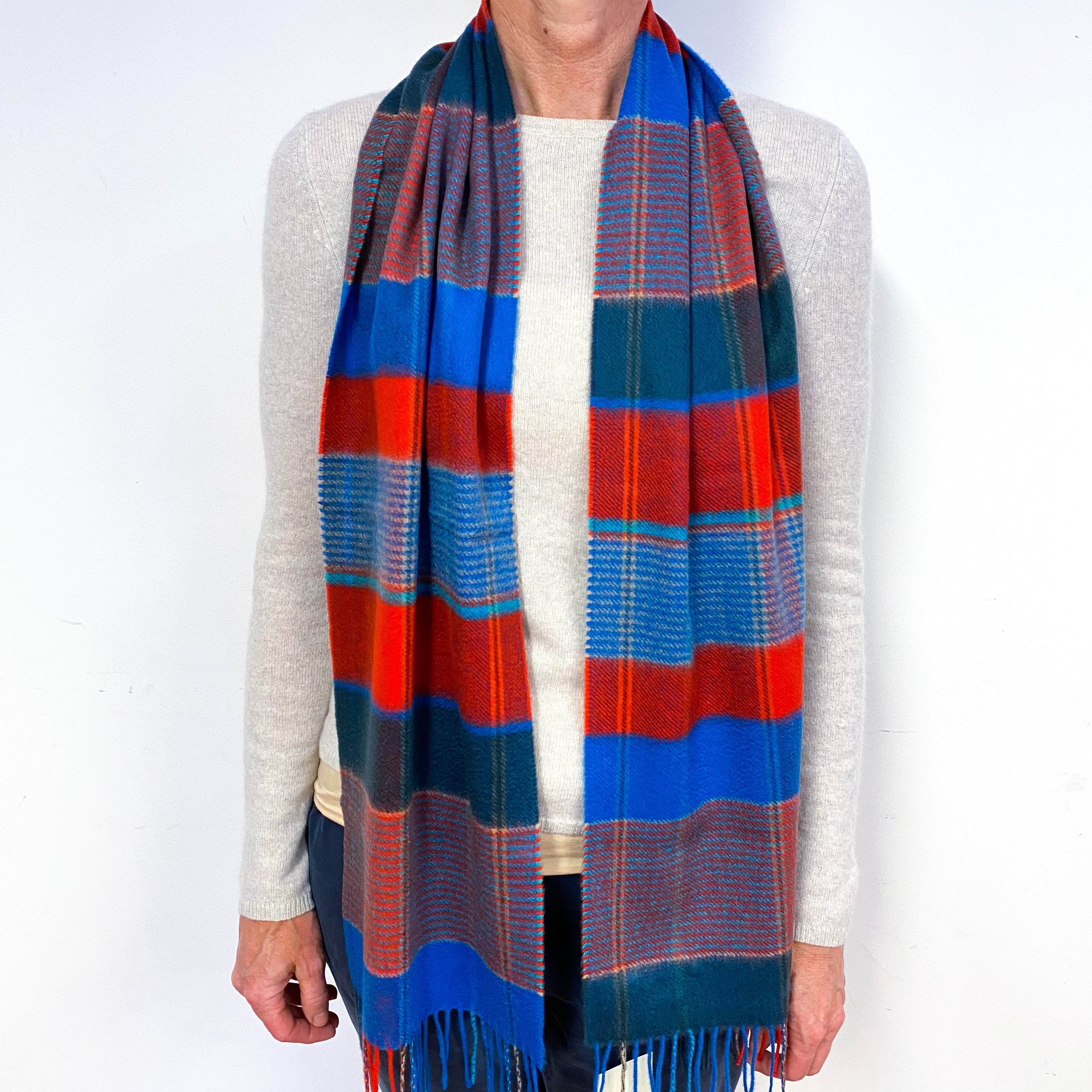 Brand New Scottish Woven Cashmere Scarf Blue Check