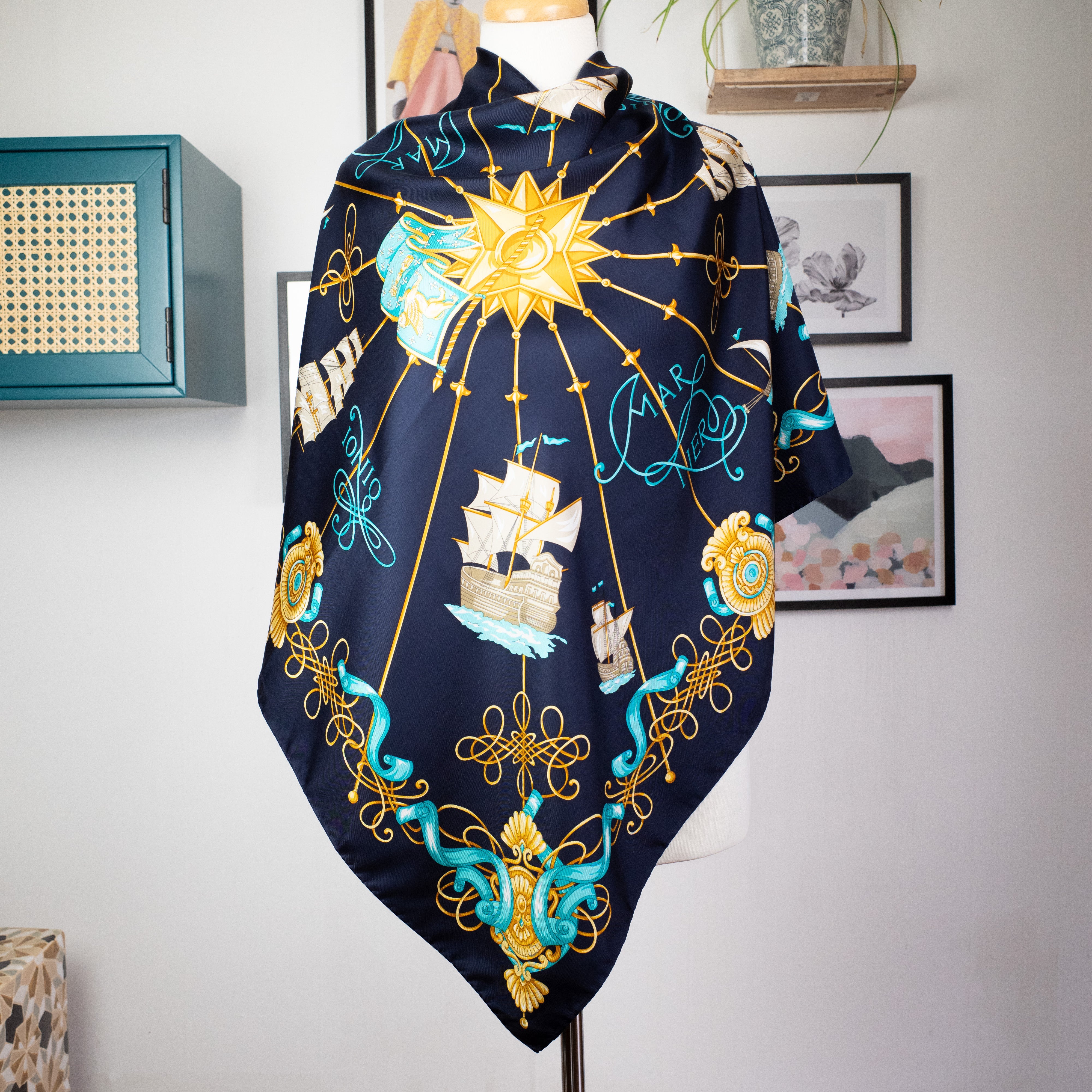 Large Navy Nautical Design Italian Vintage Silk Scarf