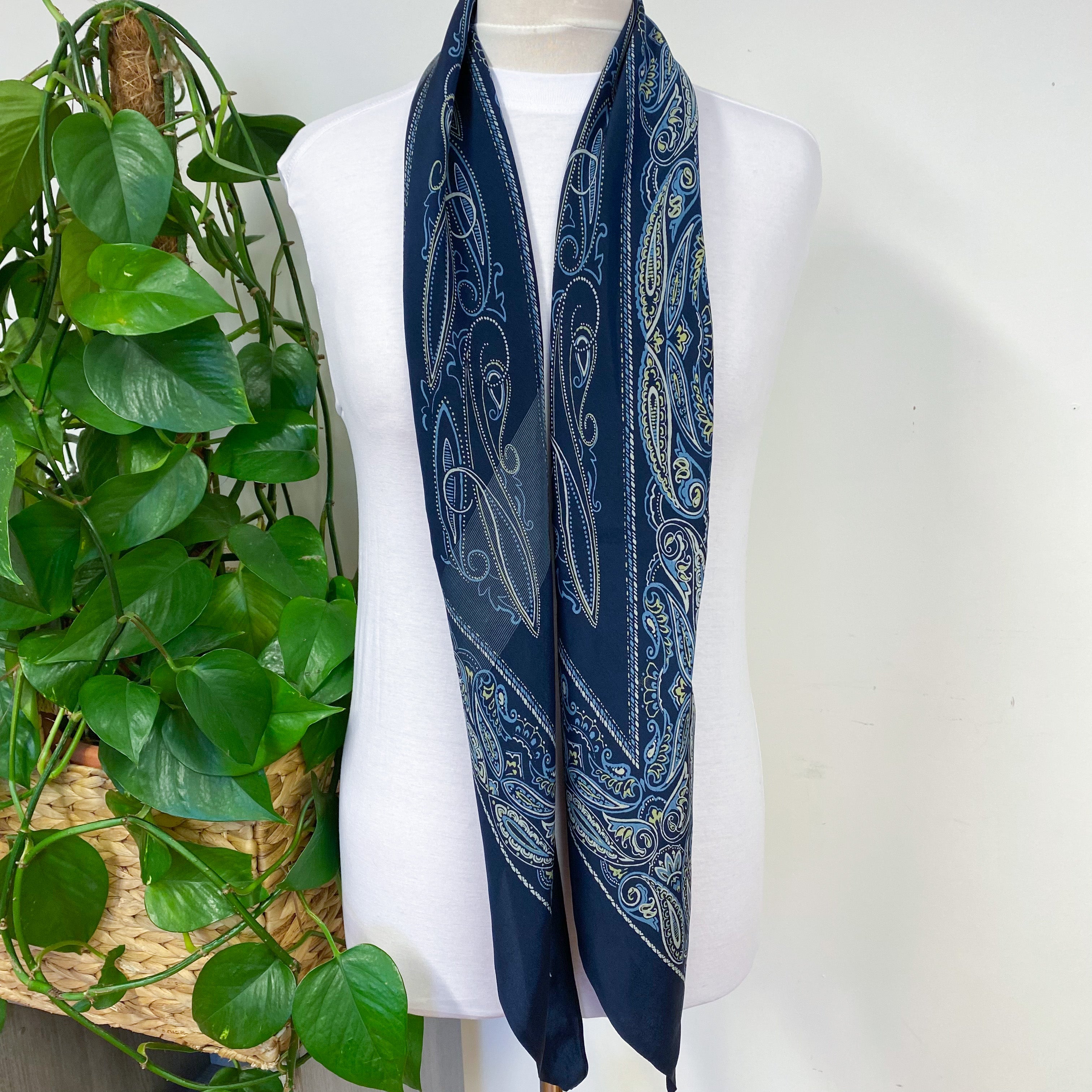 1940s Long Pussy Bow Blues Vintage Silk Scarf