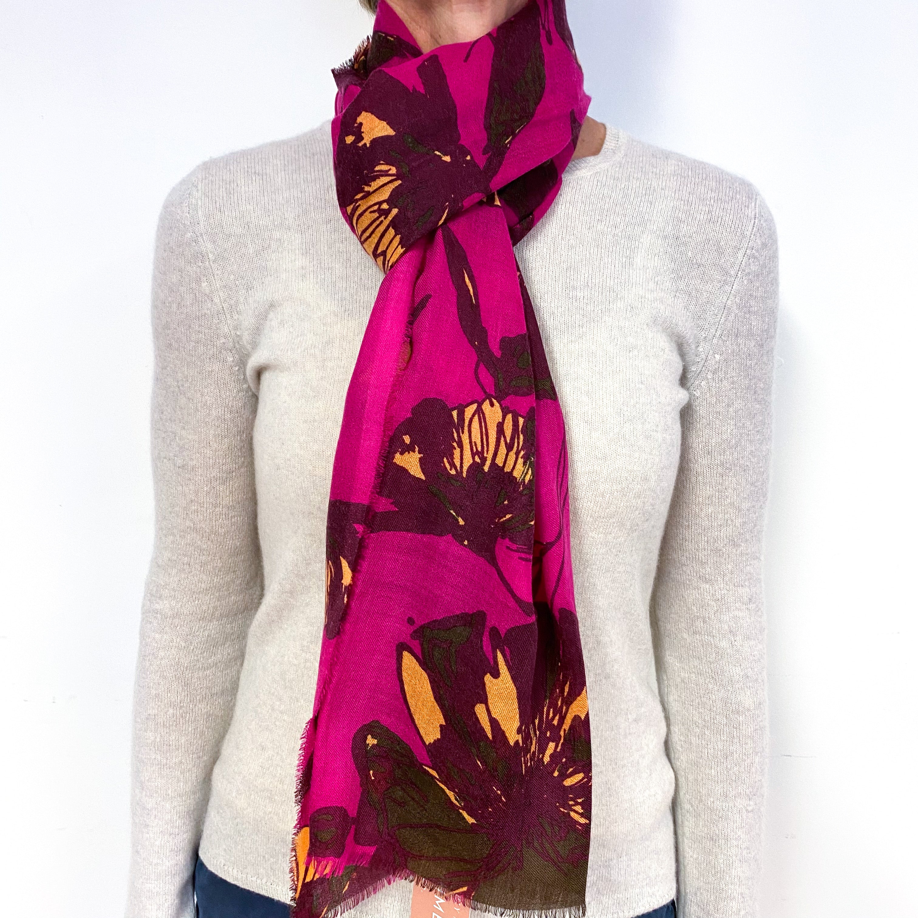 Scottish Fuchsia Pink Floral Lightweight Cashmere Scarf