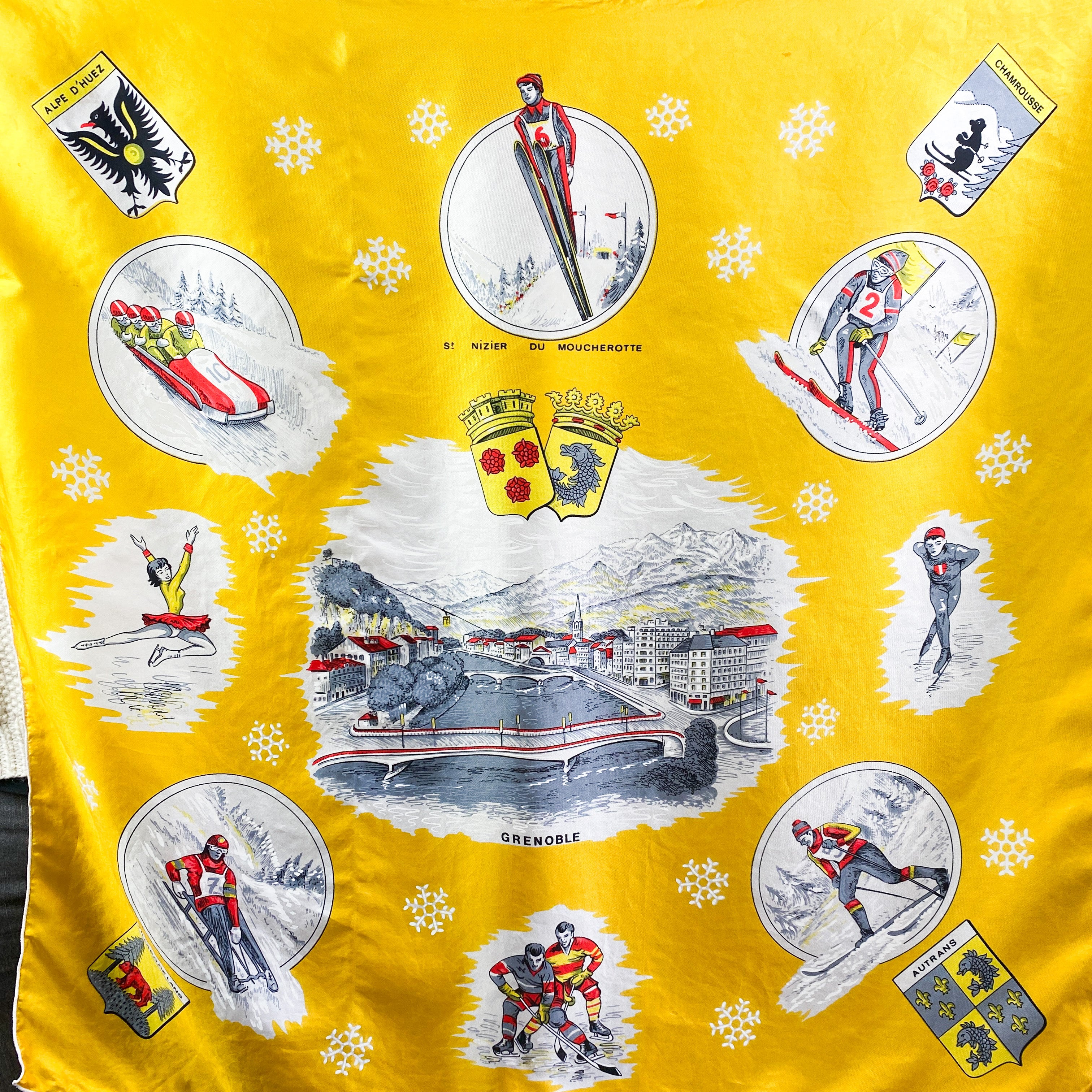 Charming Grenoble Ski Design Vintage Silk Scarf