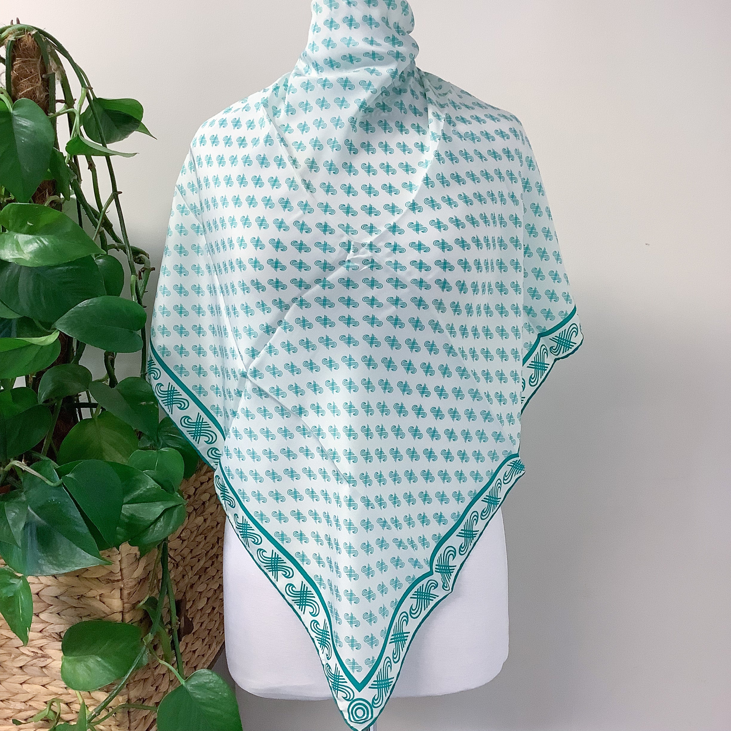 1970s Green and White Jaeger Vintage Silk Scarf