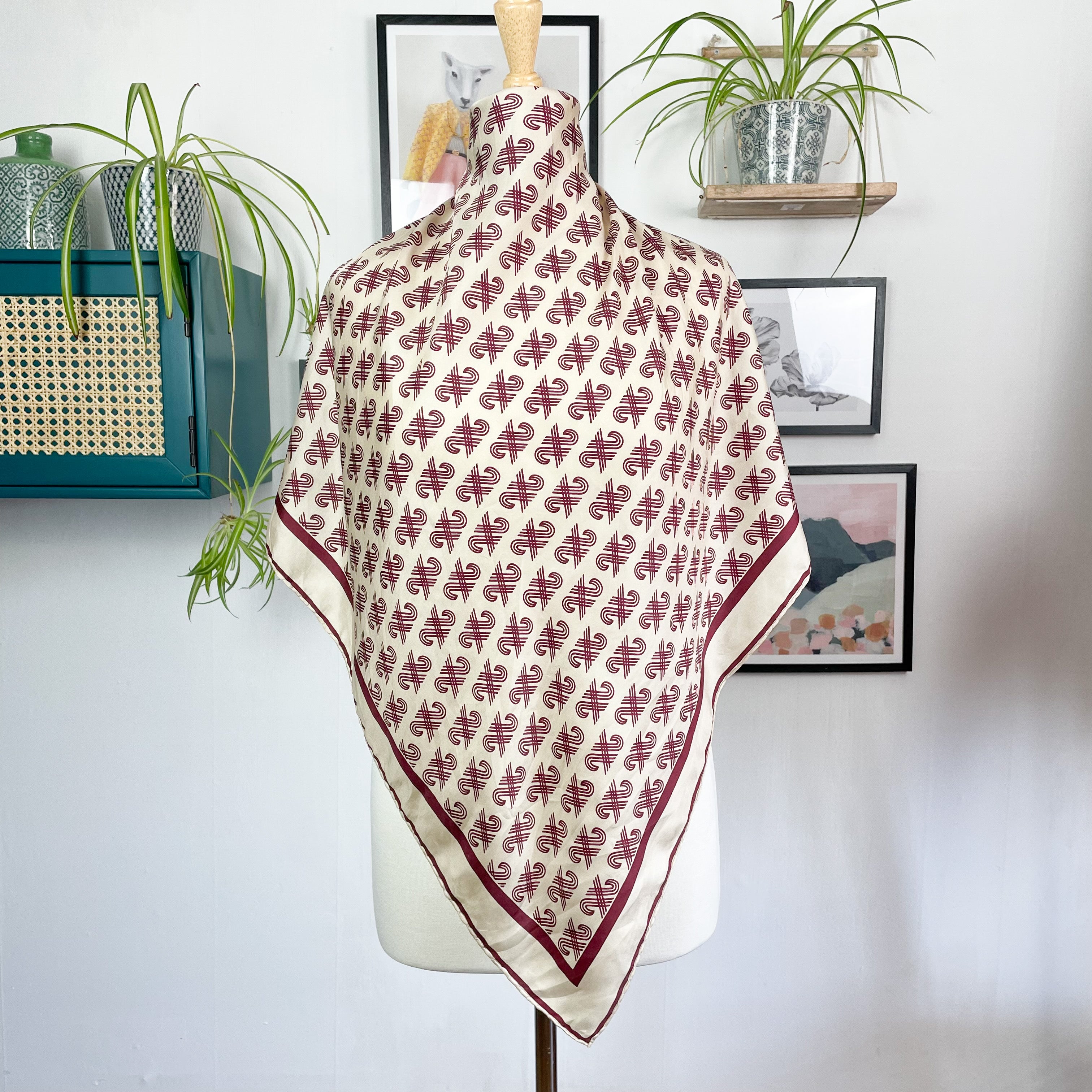 1970s Claret and Cream Jaeger Vintage Silk Scarf