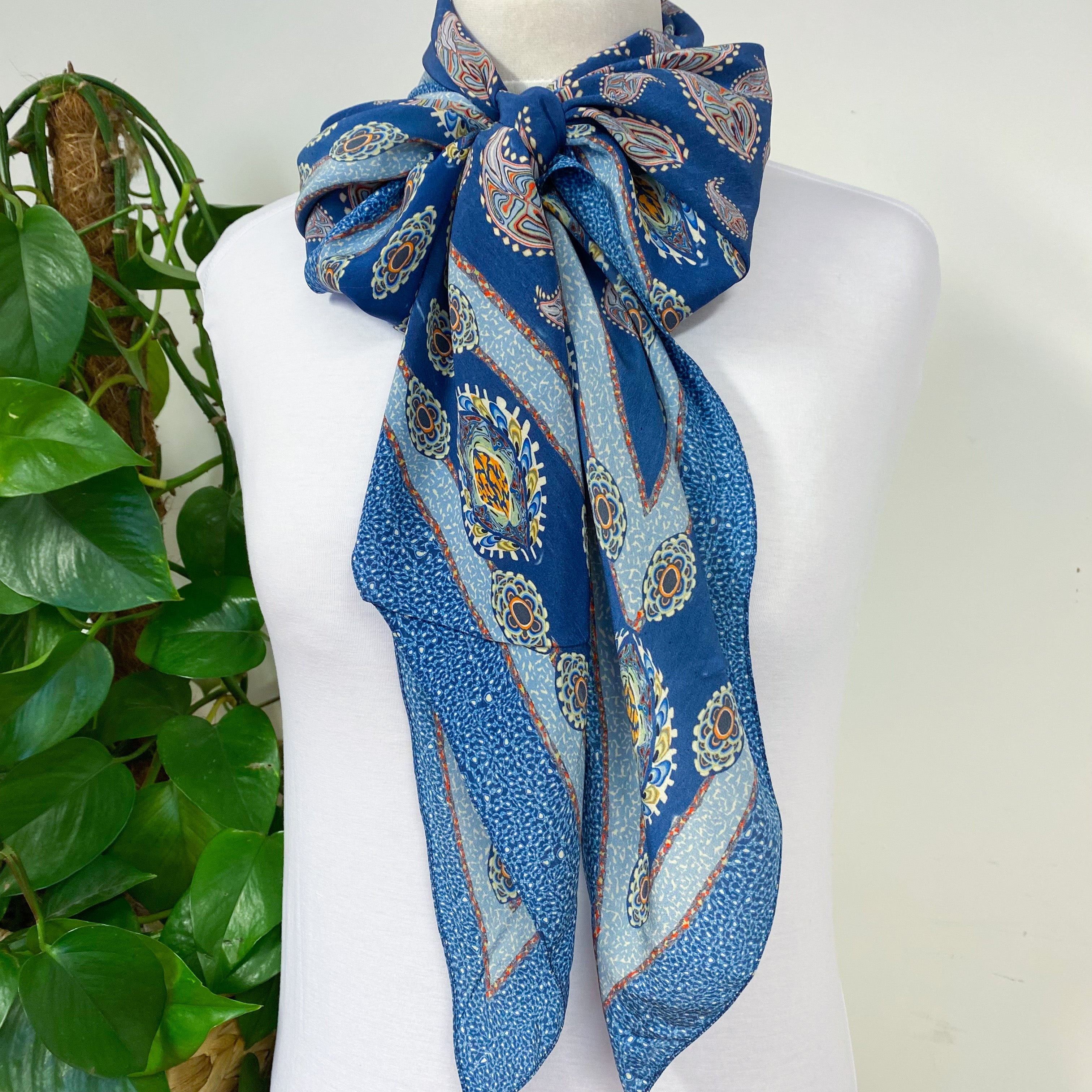 1940s Long Pussy Bow Blues Vintage Silk Scarf