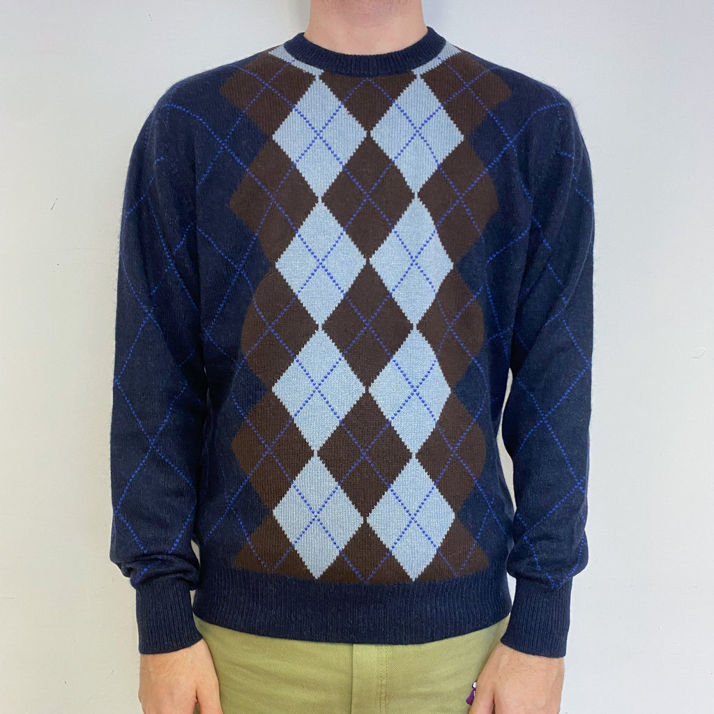 Men’s Vintage Navy Diamond Patterned Crew Neck Jumper Medium