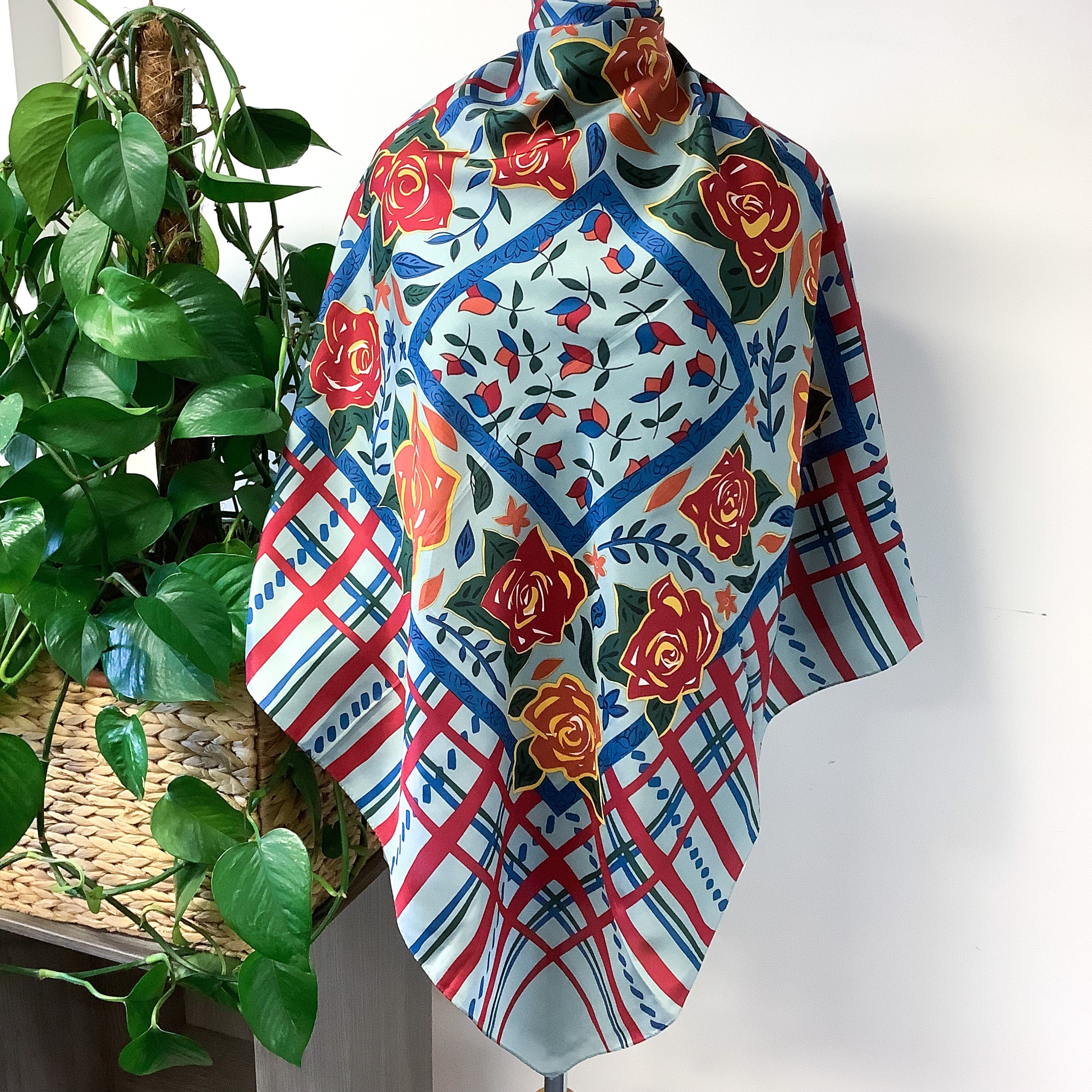 Floral and Check Vintage Silk Scarf