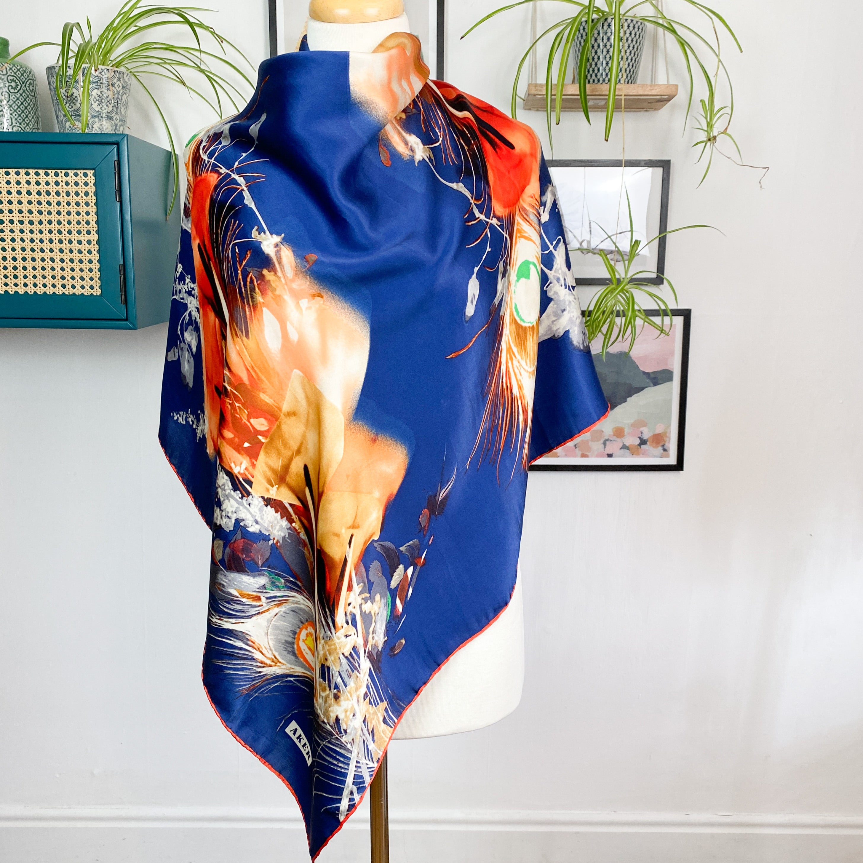 Cobalt Blue Feather Design Silk Scarf
