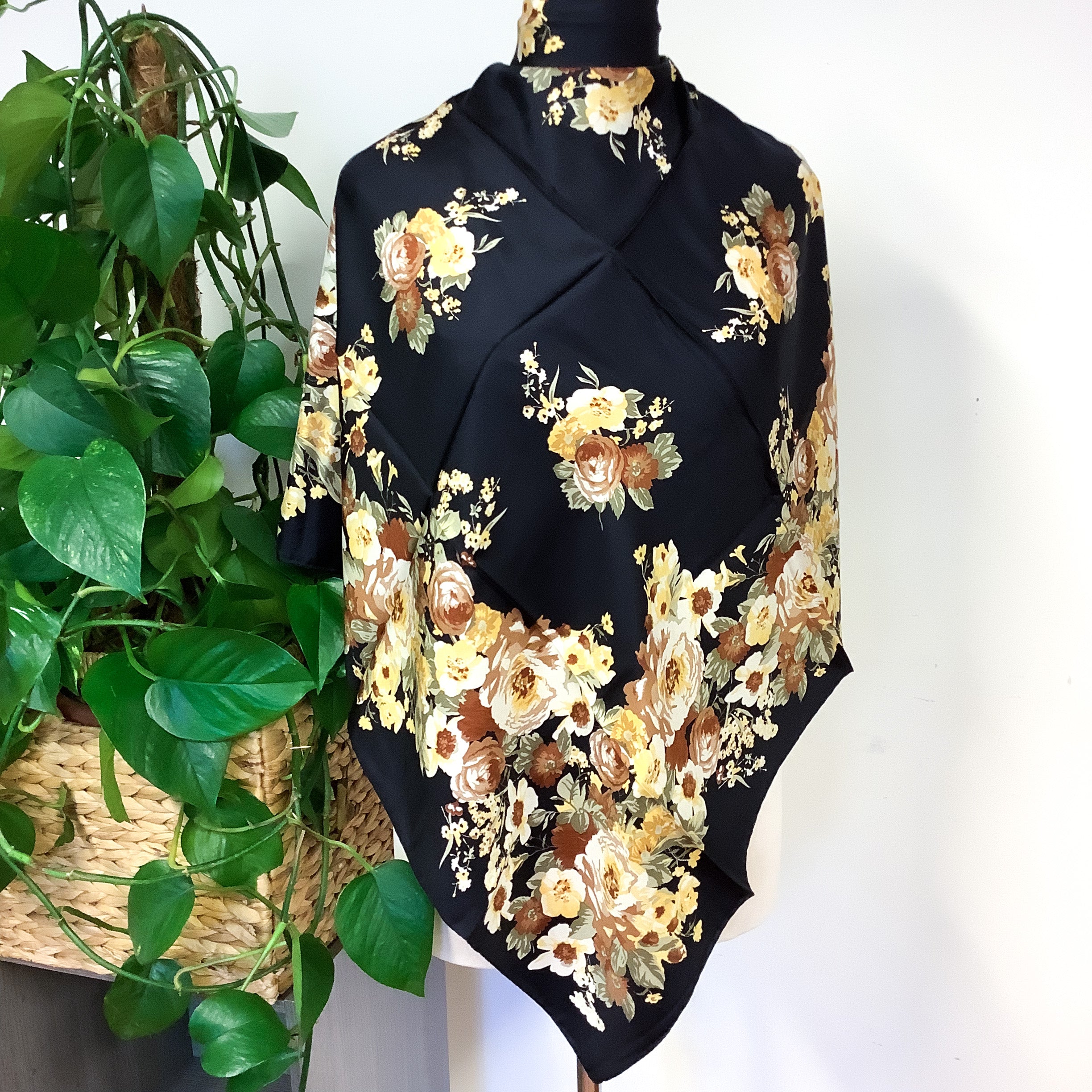 Brand New Italian Black Floral Silk Scarf