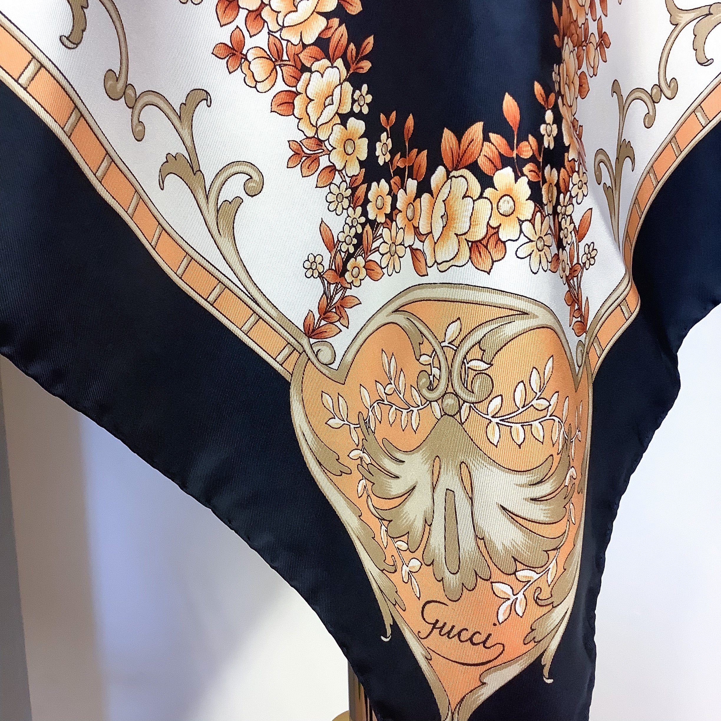 Gucci Coral and Dark Navy Floral Designer Silk Scarf