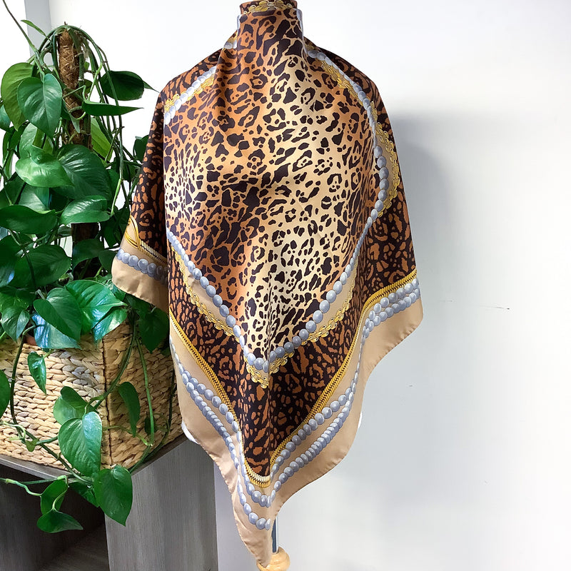 Large Italian Leopard and Pearls Vintage Silk Scarf