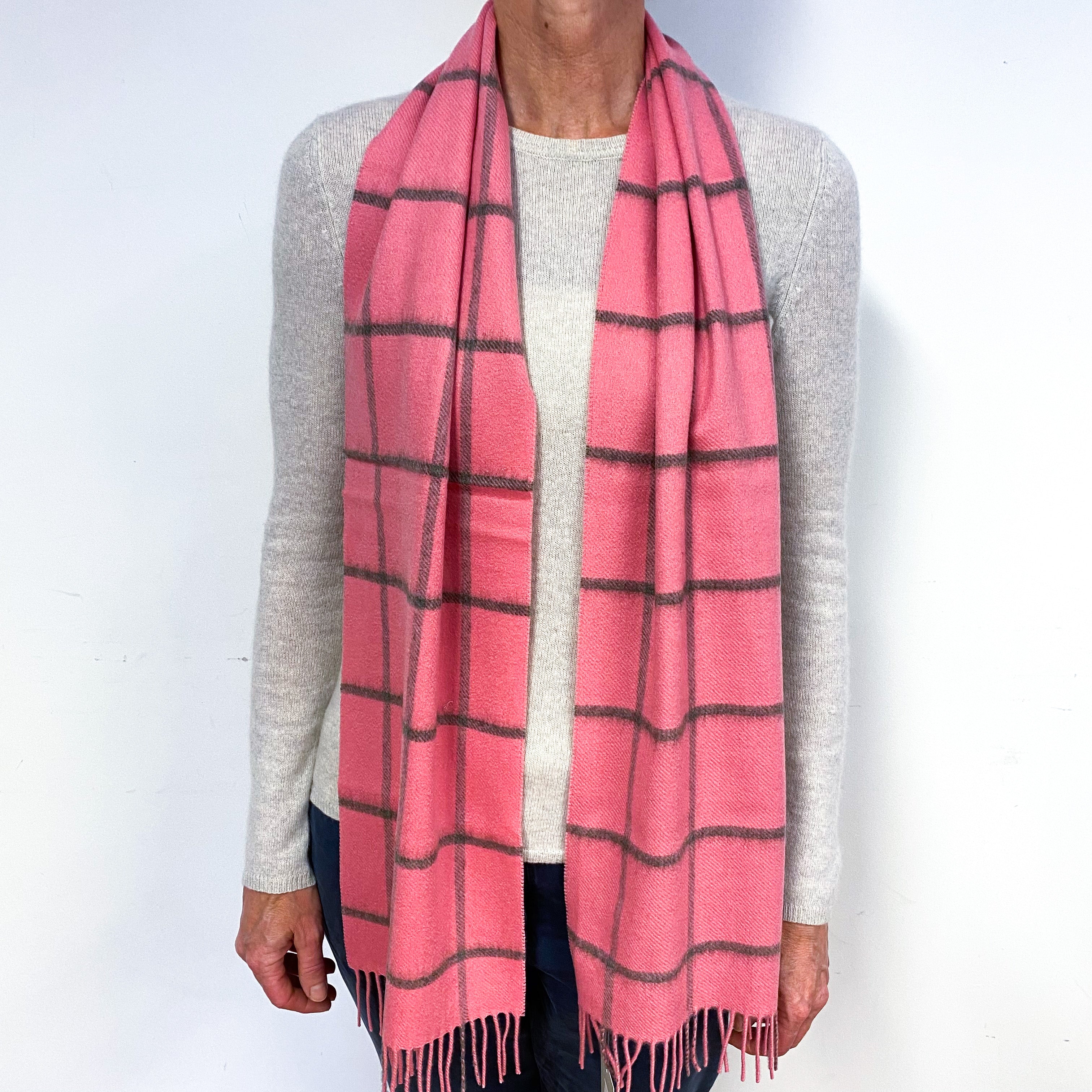 Brand New Scottish Woven Cashmere Scarf Candy Pink Windowpane