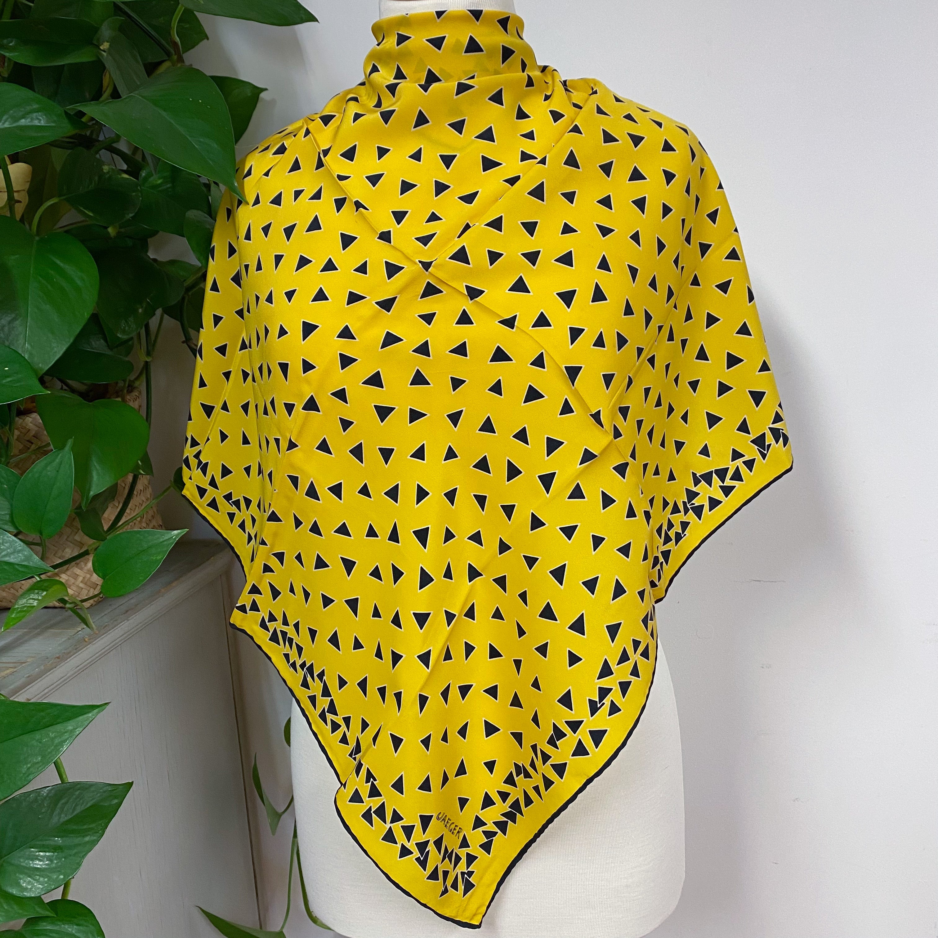 1970s Yellow and Navy Jaeger Vintage Silk Scarf
