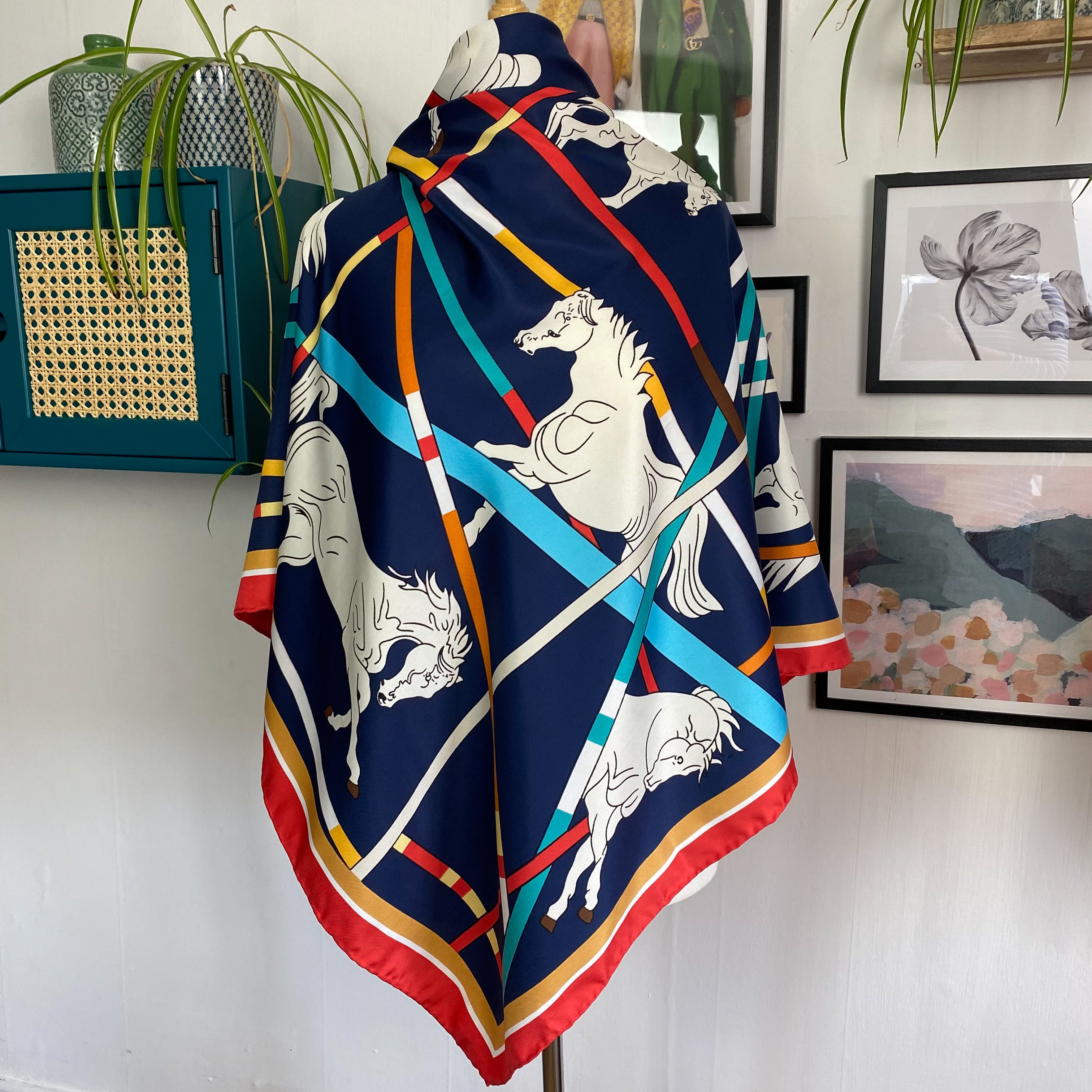 Extra Large Horse Design Vintage Silk Scarf