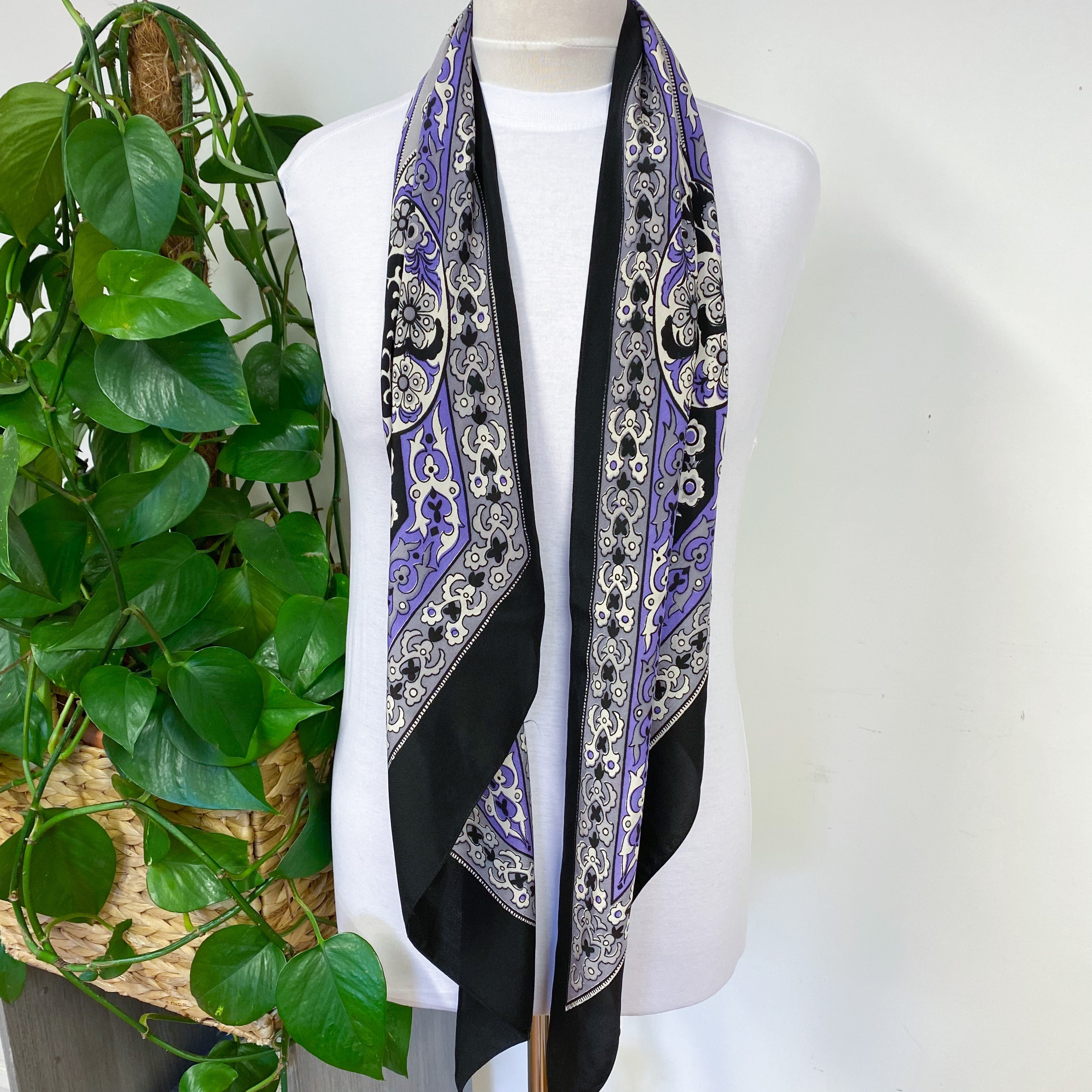1940s Long Pussy Bow Black and Purple Paisley Vintage Silk Scarf