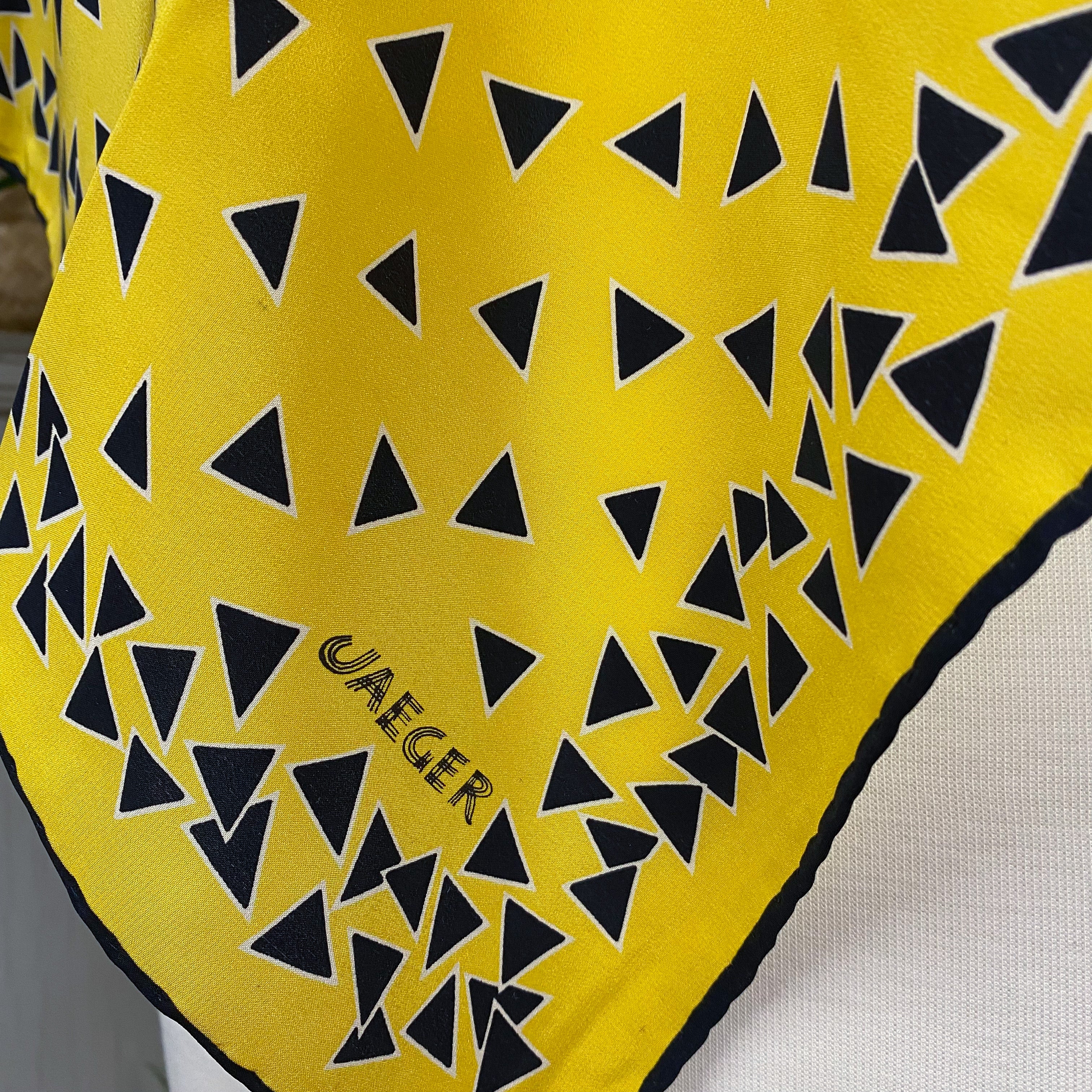 1970s Yellow and Navy Jaeger Vintage Silk Scarf