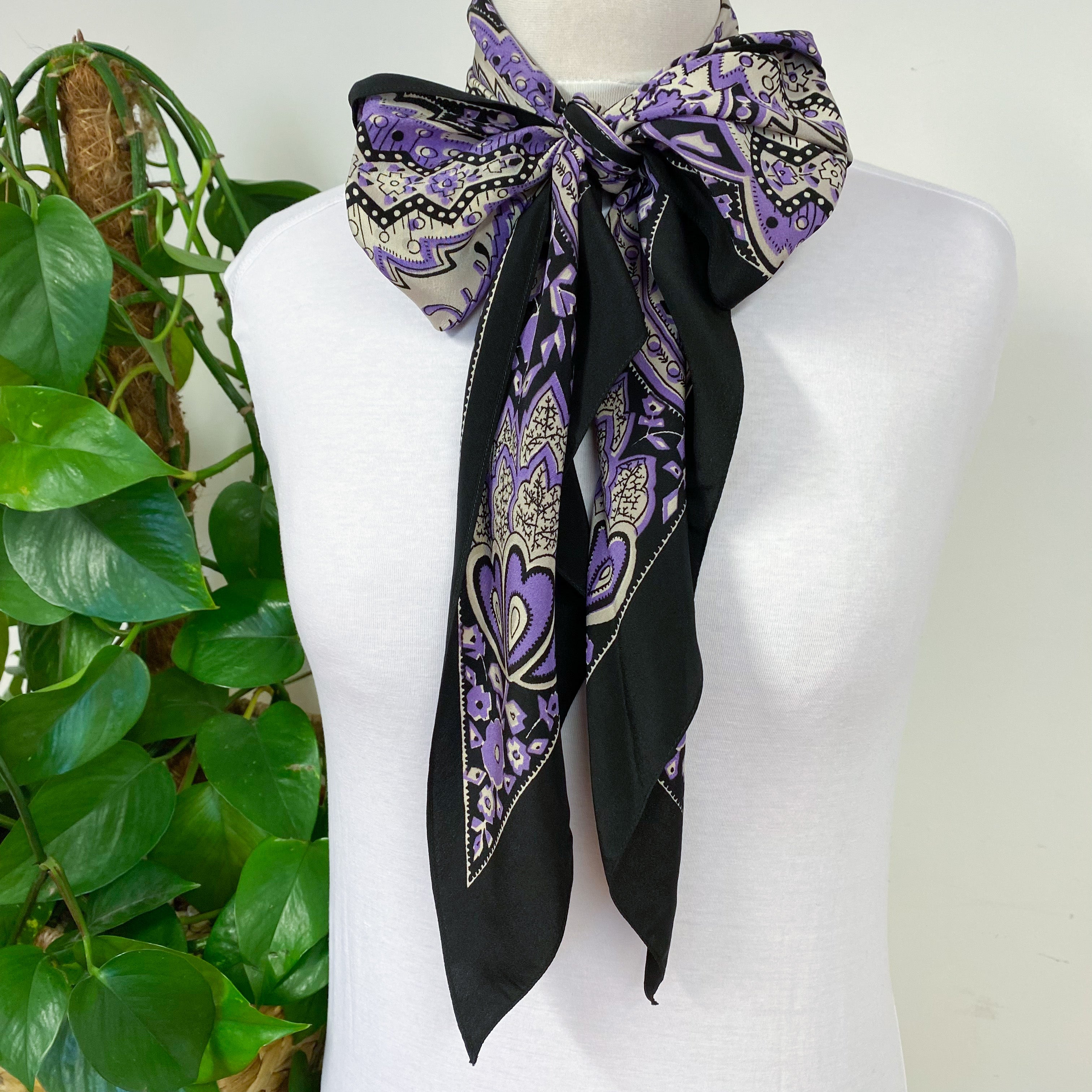 1940s Long Pussy Bow Black and Purple Paisley Vintage Silk Scarf