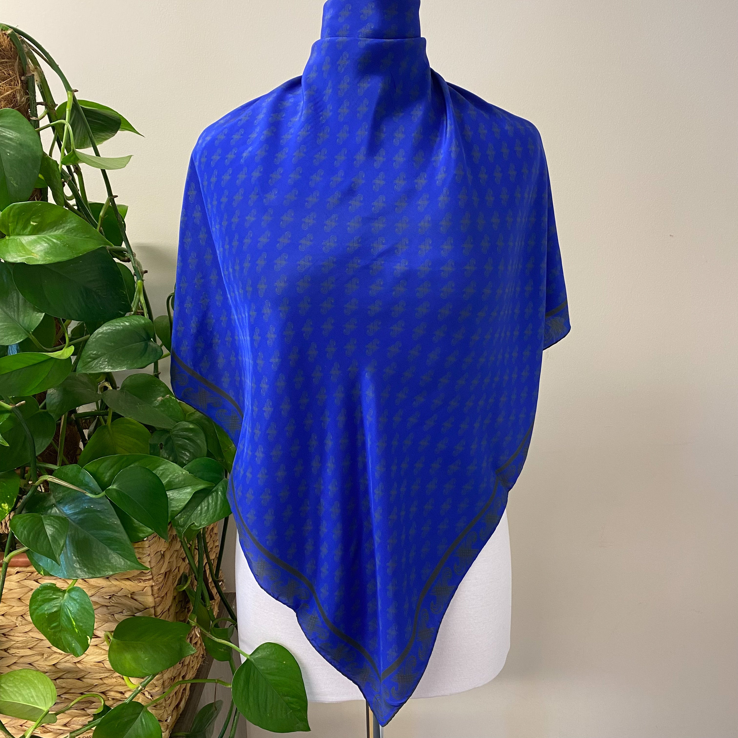 1970s Blue and Grey Jaeger Vintage Silk Scarf