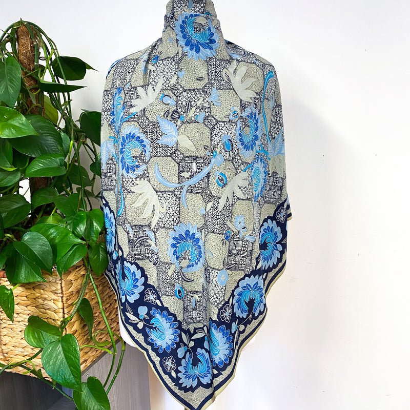Blue Floral Crêpe Vintage Silk Scarf