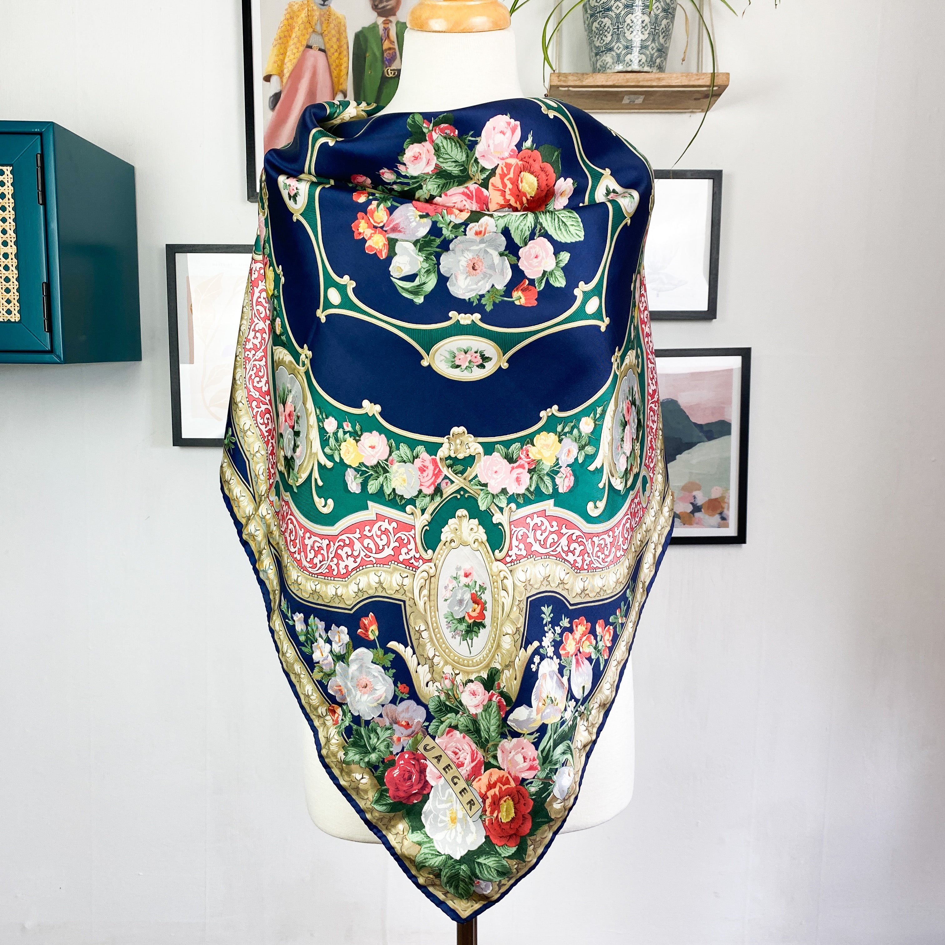Large Jaeger Floral Vintage Silk Scarf