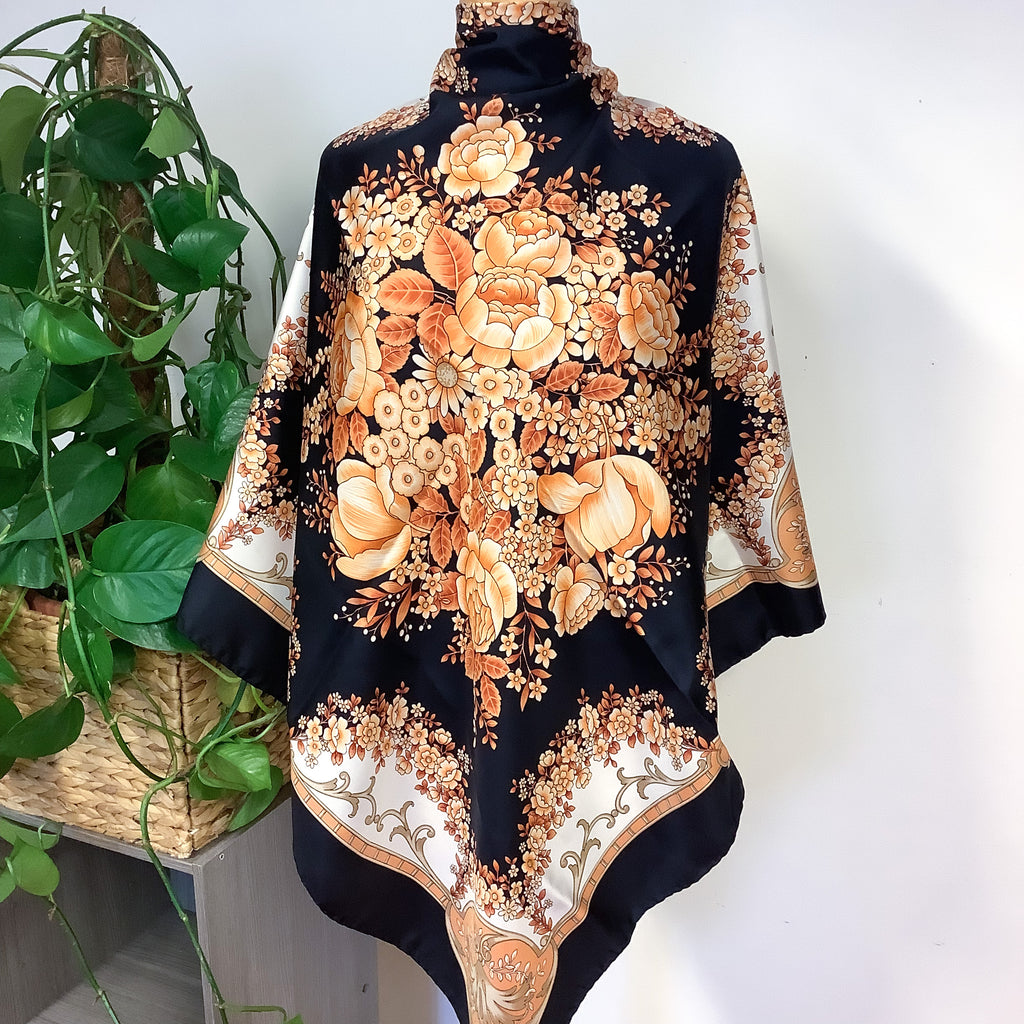 Gucci Coral and Dark Navy Floral Designer Silk Scarf