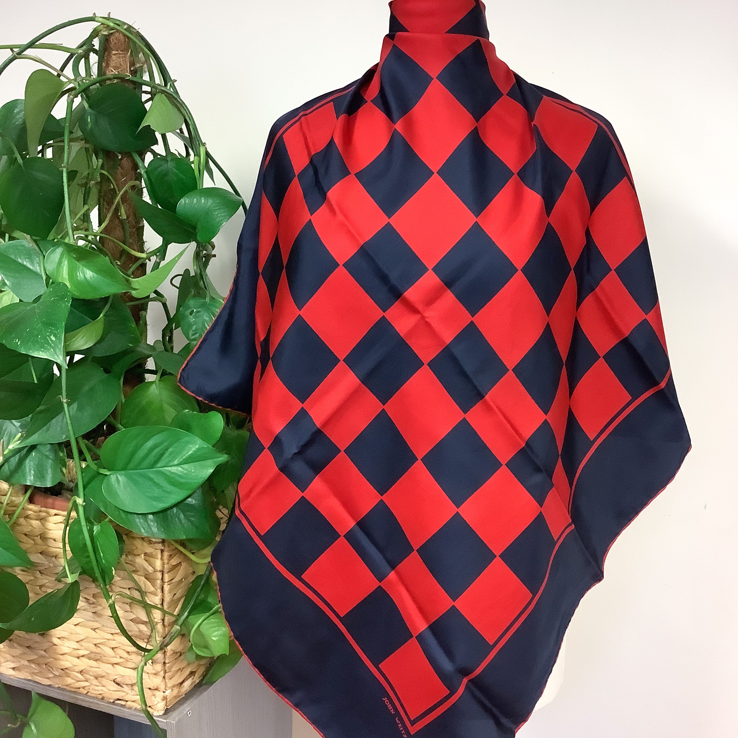 1960s Navy and Red Geometric Vintage Silk Scarf