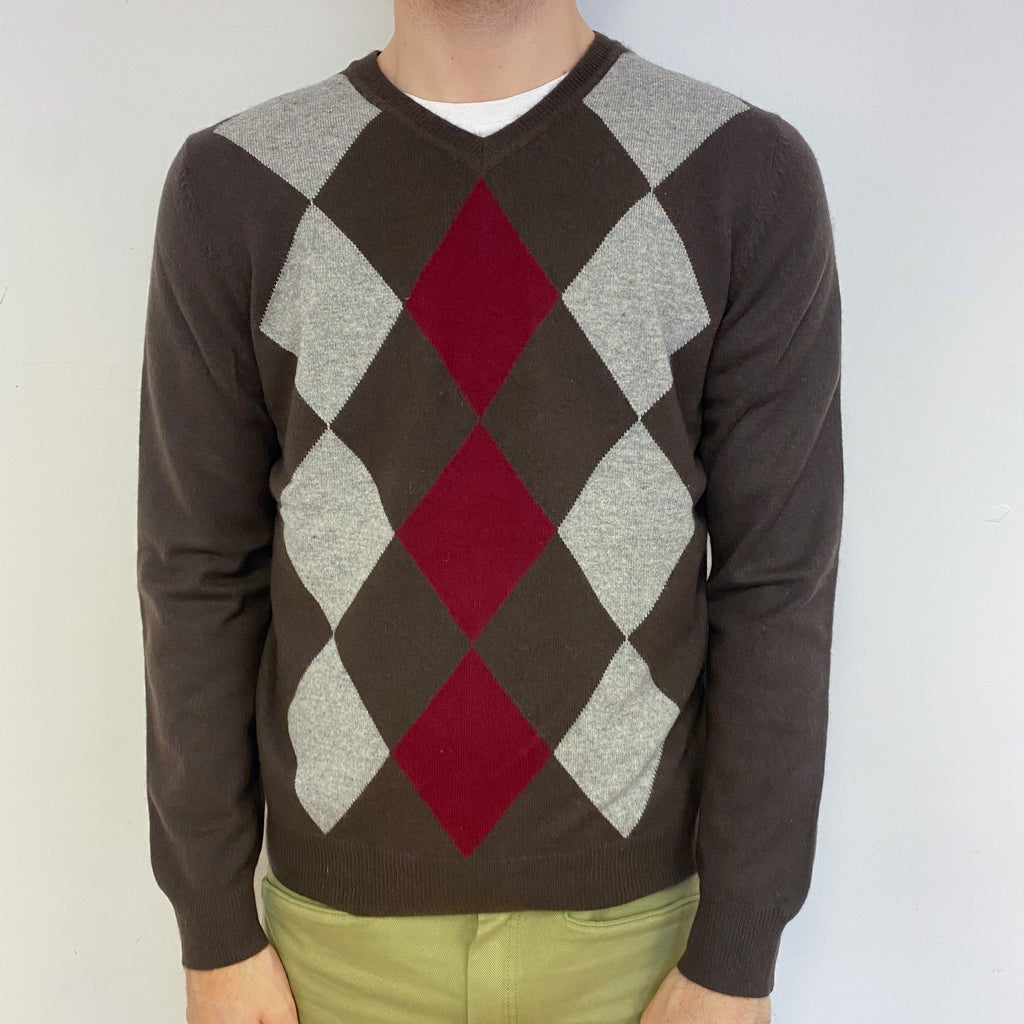 Men’s Chocolate Brown Diamond Patterned V Neck Jumper Large