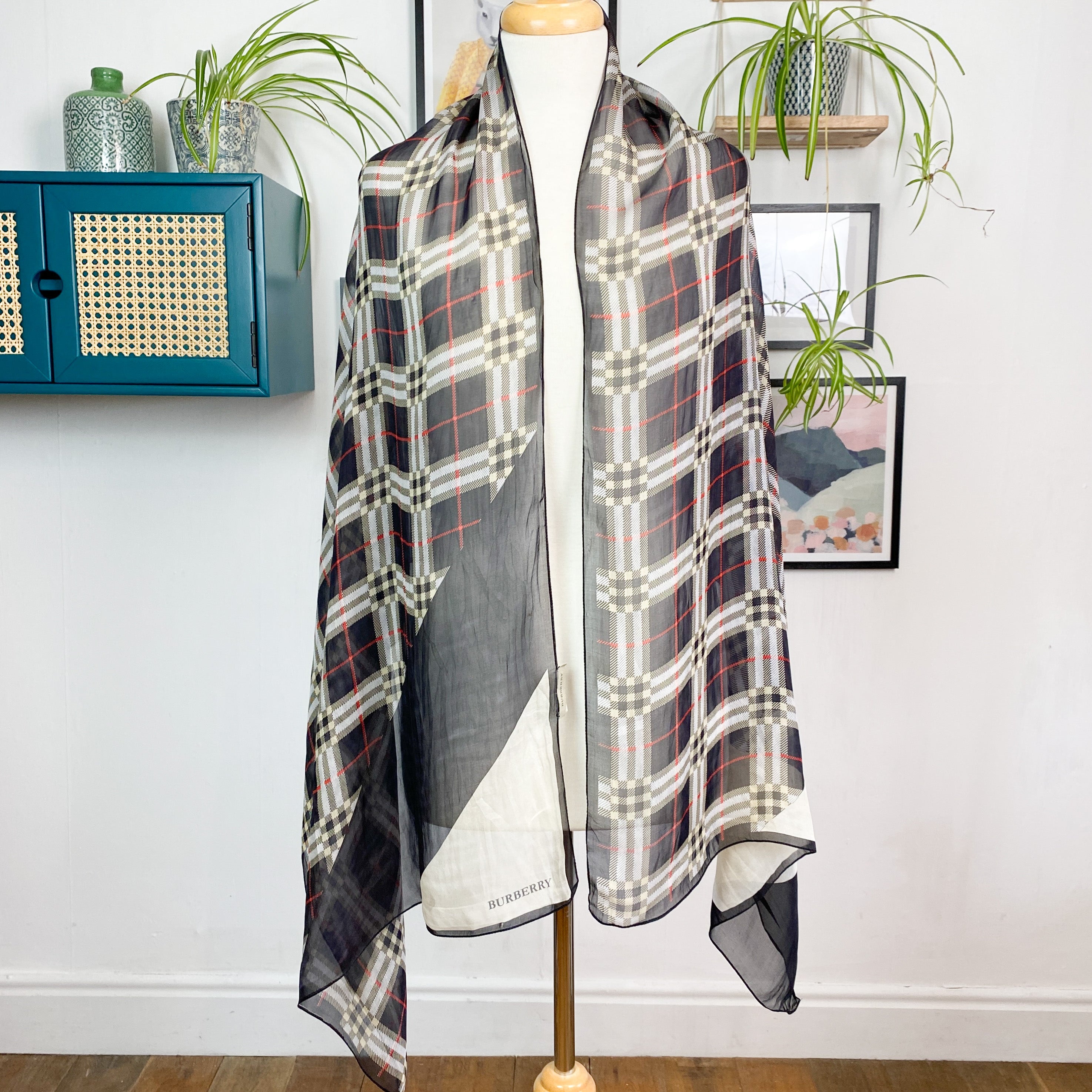 Burberry Checked Crêpe Wrap Style Vintage Silk Scarf