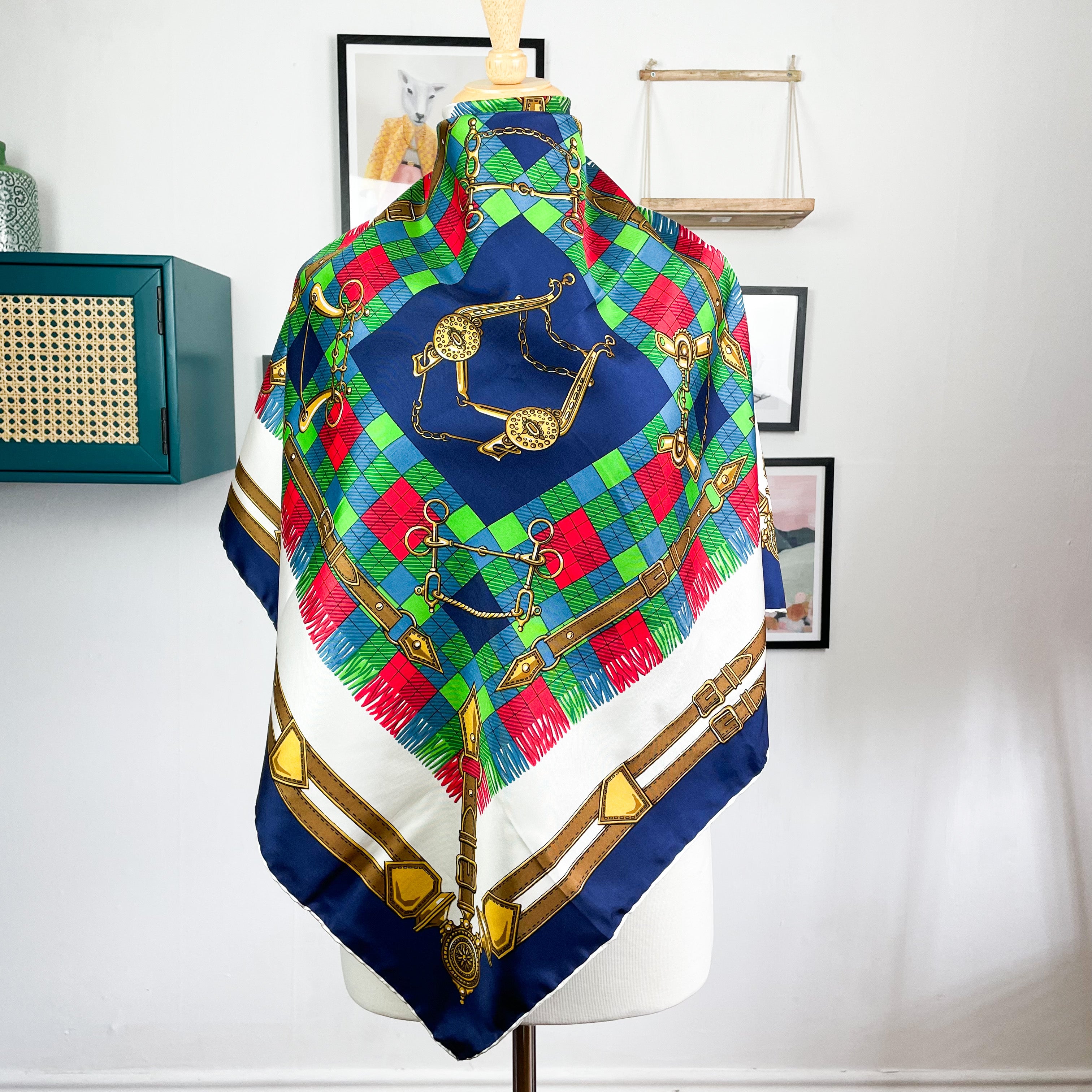 Navy Equestrian Design Italian Vintage Silk Scarf