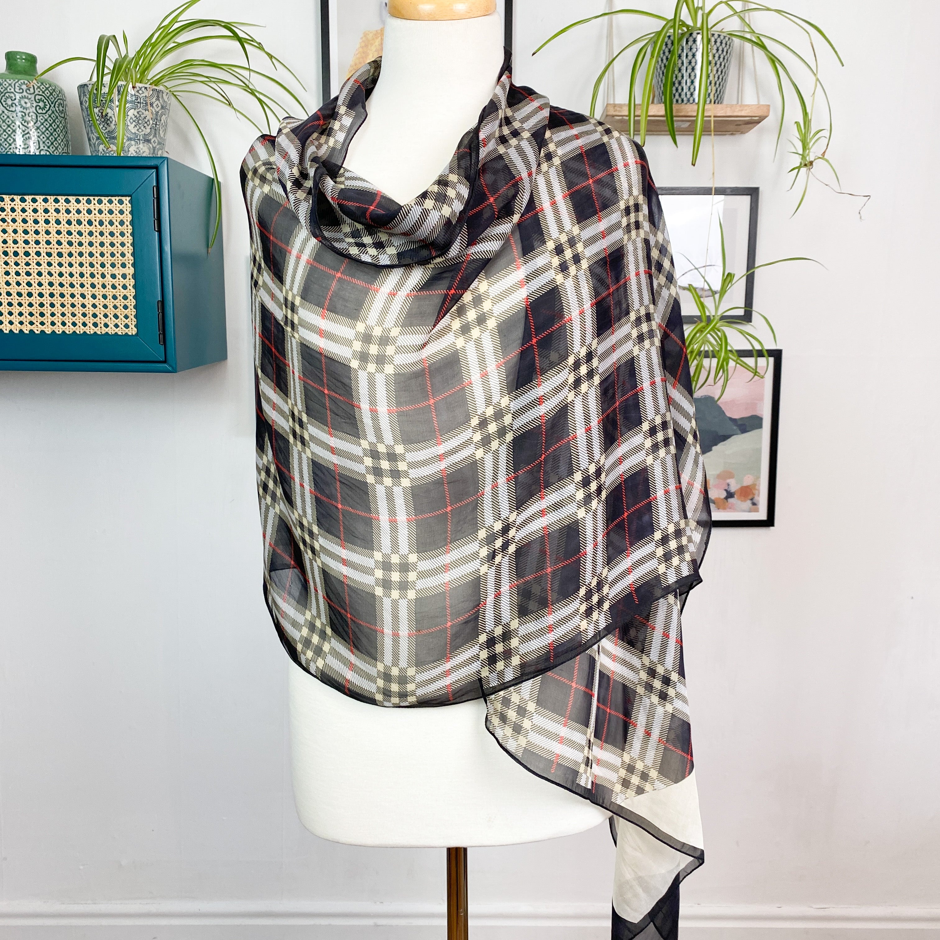 Burberry Checked Crêpe Wrap Style Vintage Silk Scarf