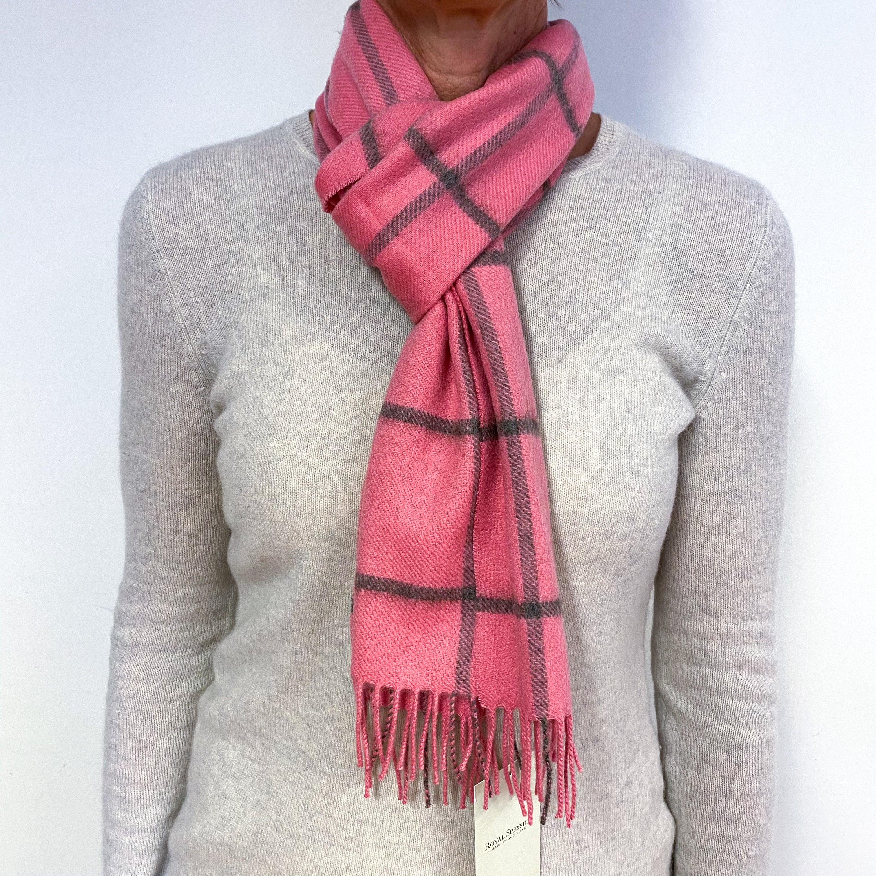 Brand New Scottish Woven Cashmere Scarf Candy Pink Windowpane