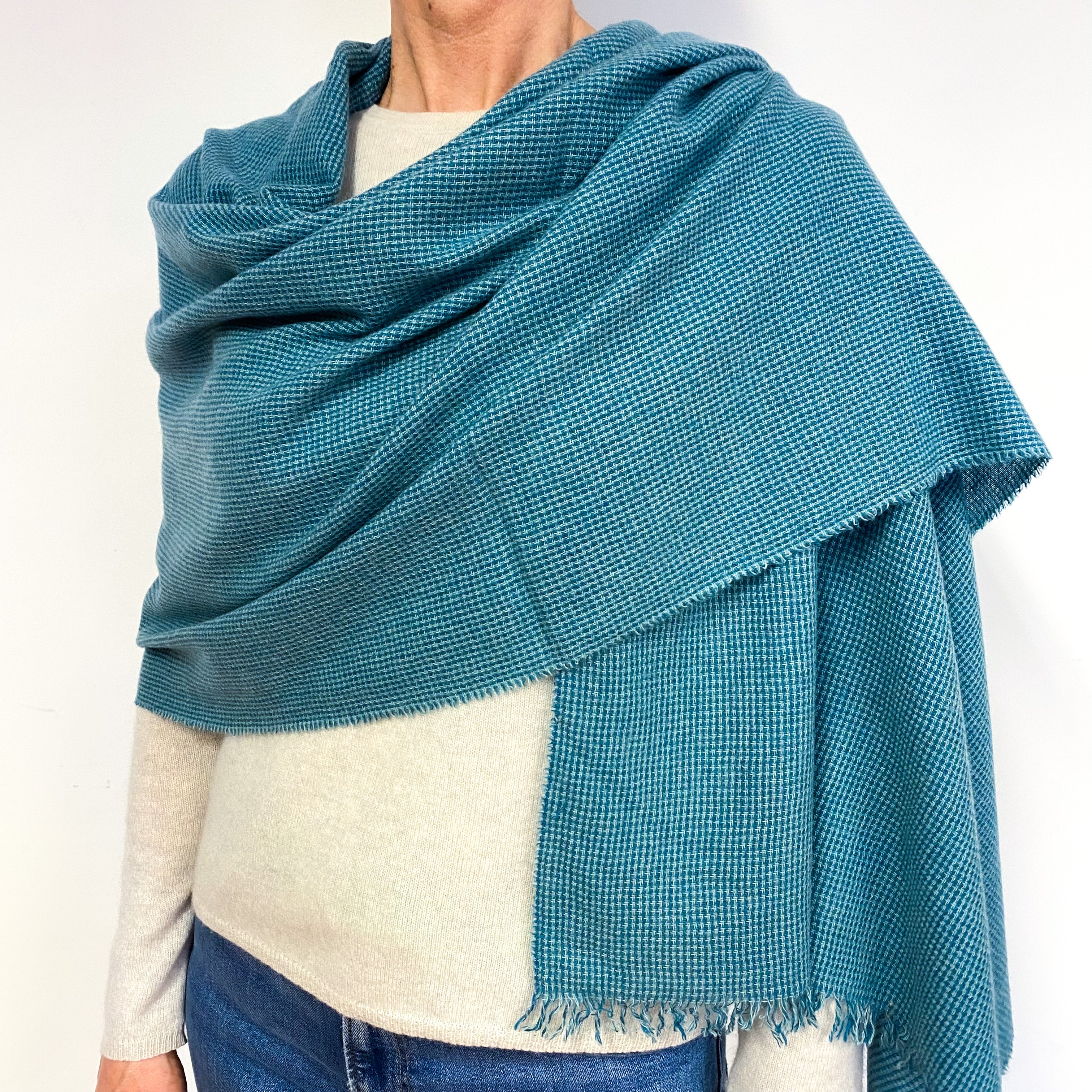 Scottish Two Tone Aqua Blue Lightweight Cashmere Wrap