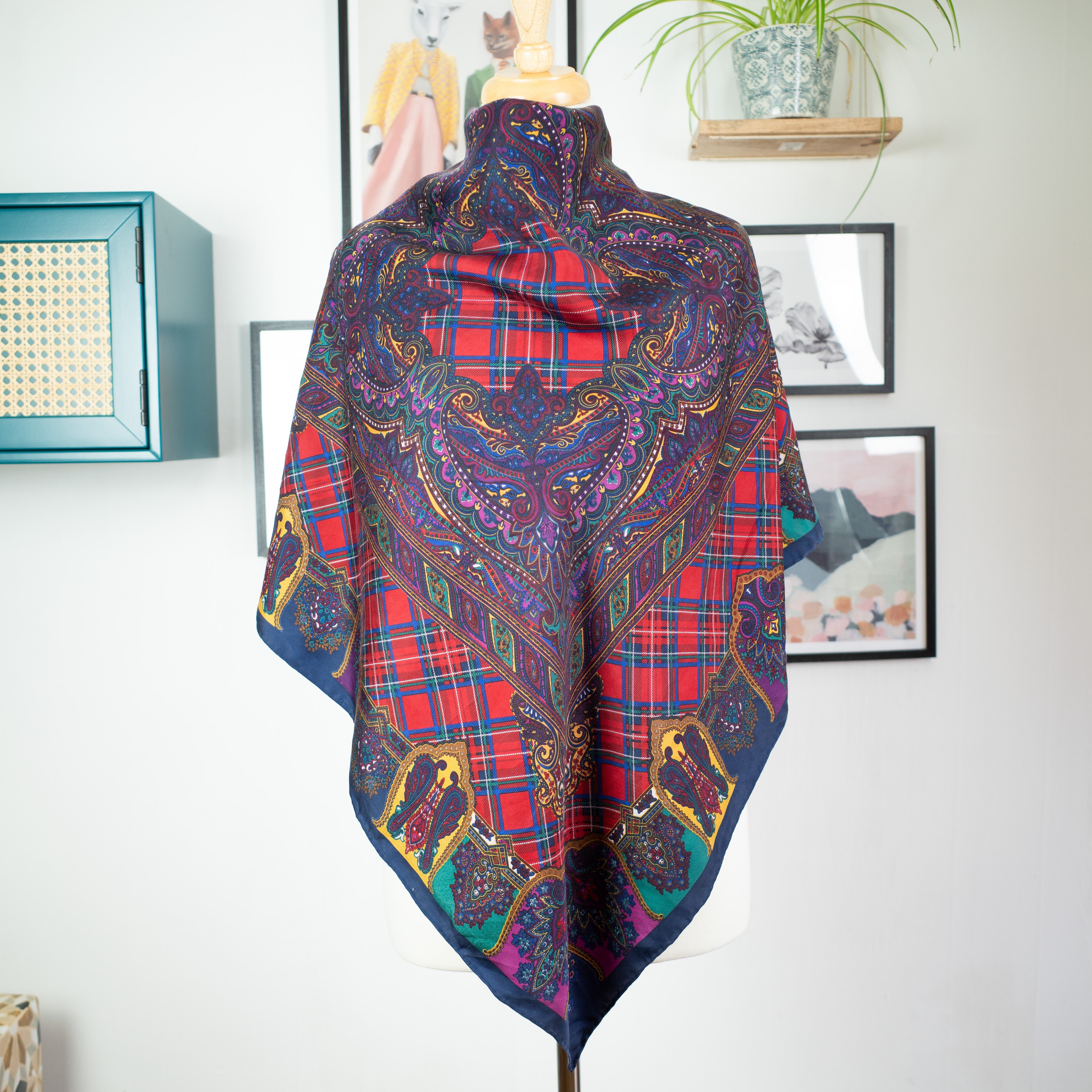 1980s Tartan and Paisley Vintage Silk Scarf