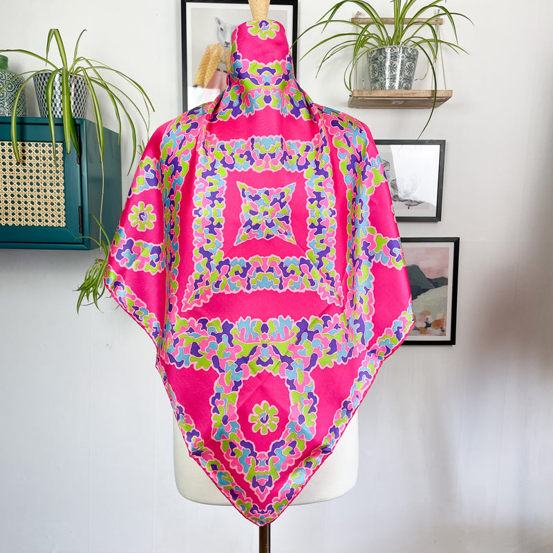 Bright Pink Italian Floral Abstract Vintage Silk Scarf