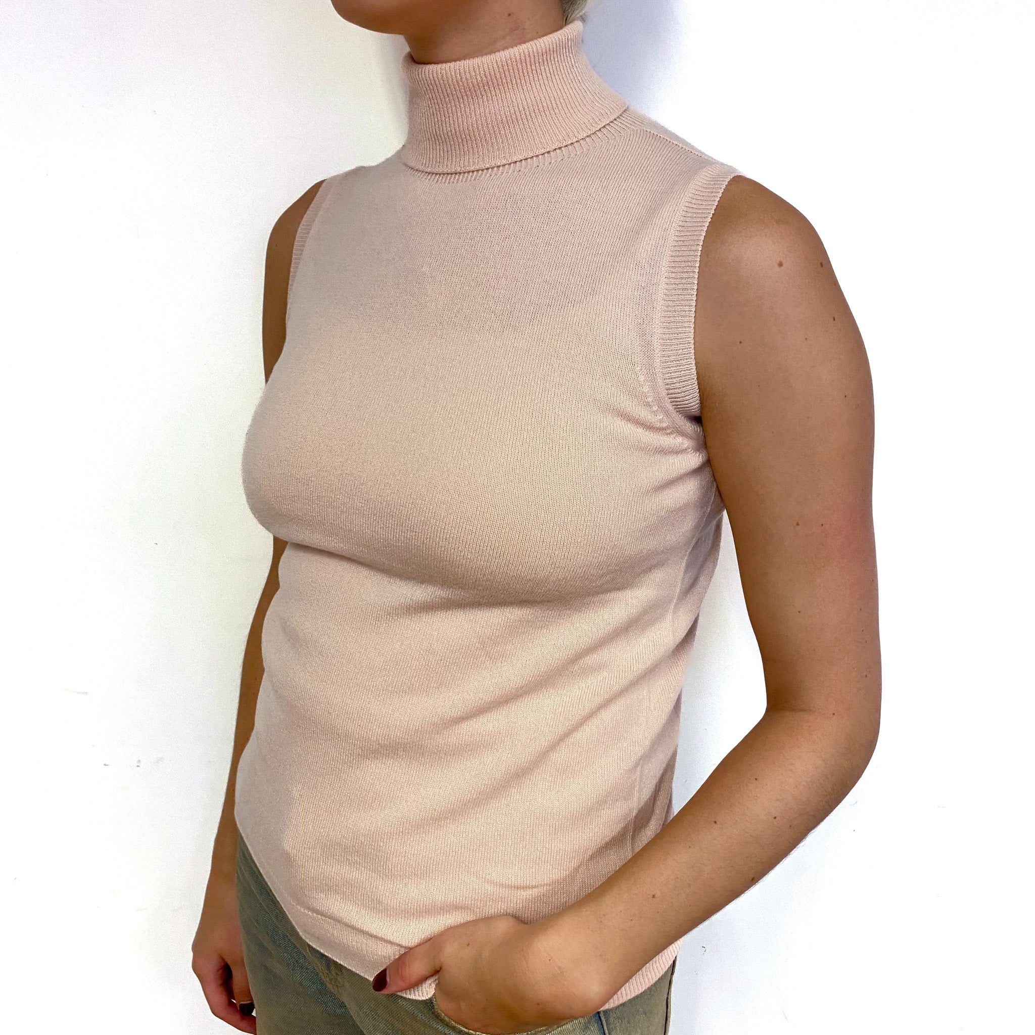 Brand New Scottish Oyster Pink Sleeveless Cashmere Polo Neck Jumper Small