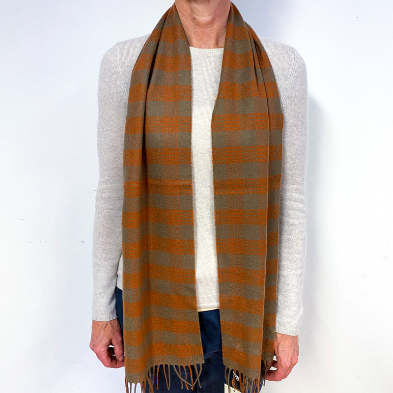 Brand New Scottish Woven Cashmere Scarf Taupe & Orange Check