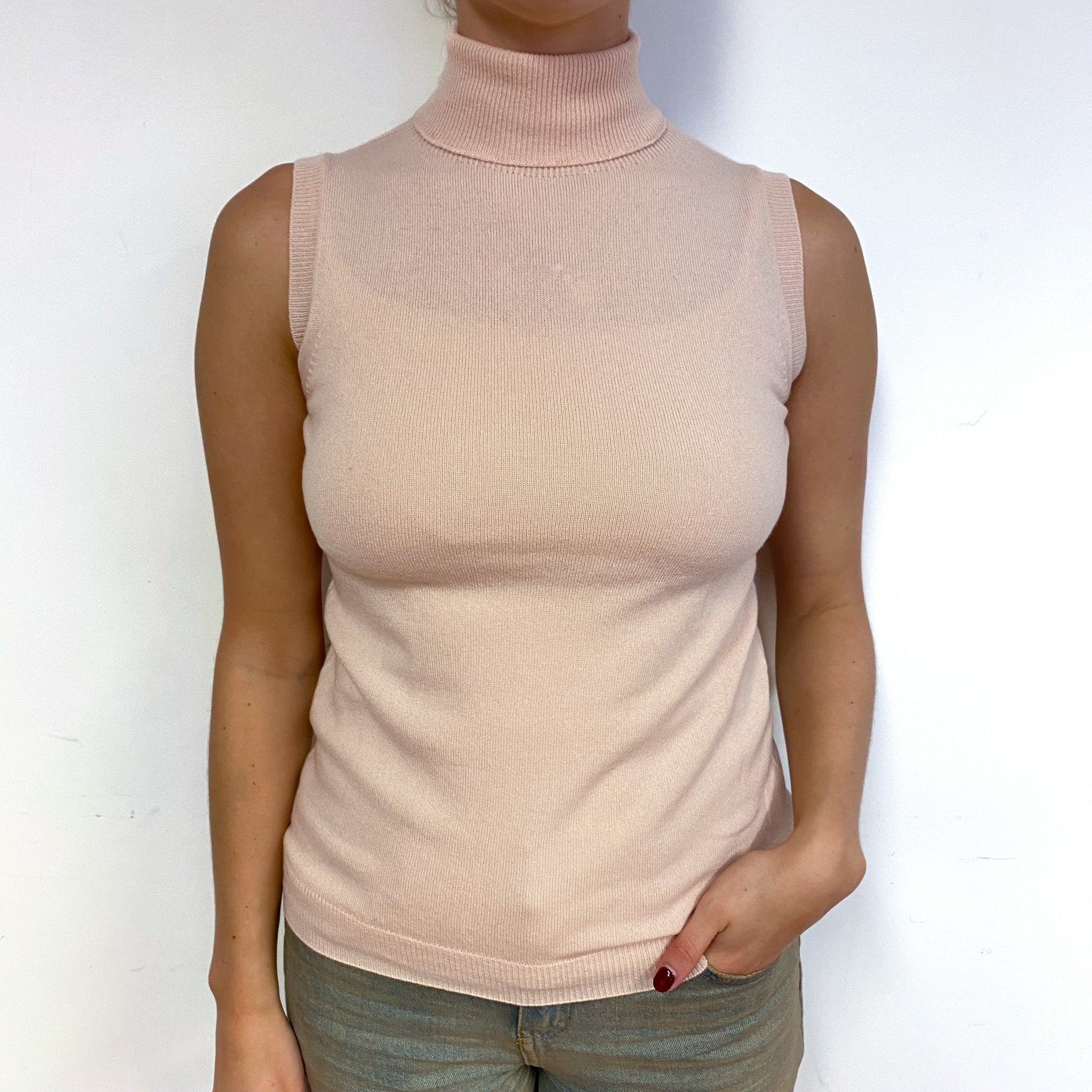Brand New Scottish Oyster Pink Sleeveless Cashmere Polo Neck Jumper Small