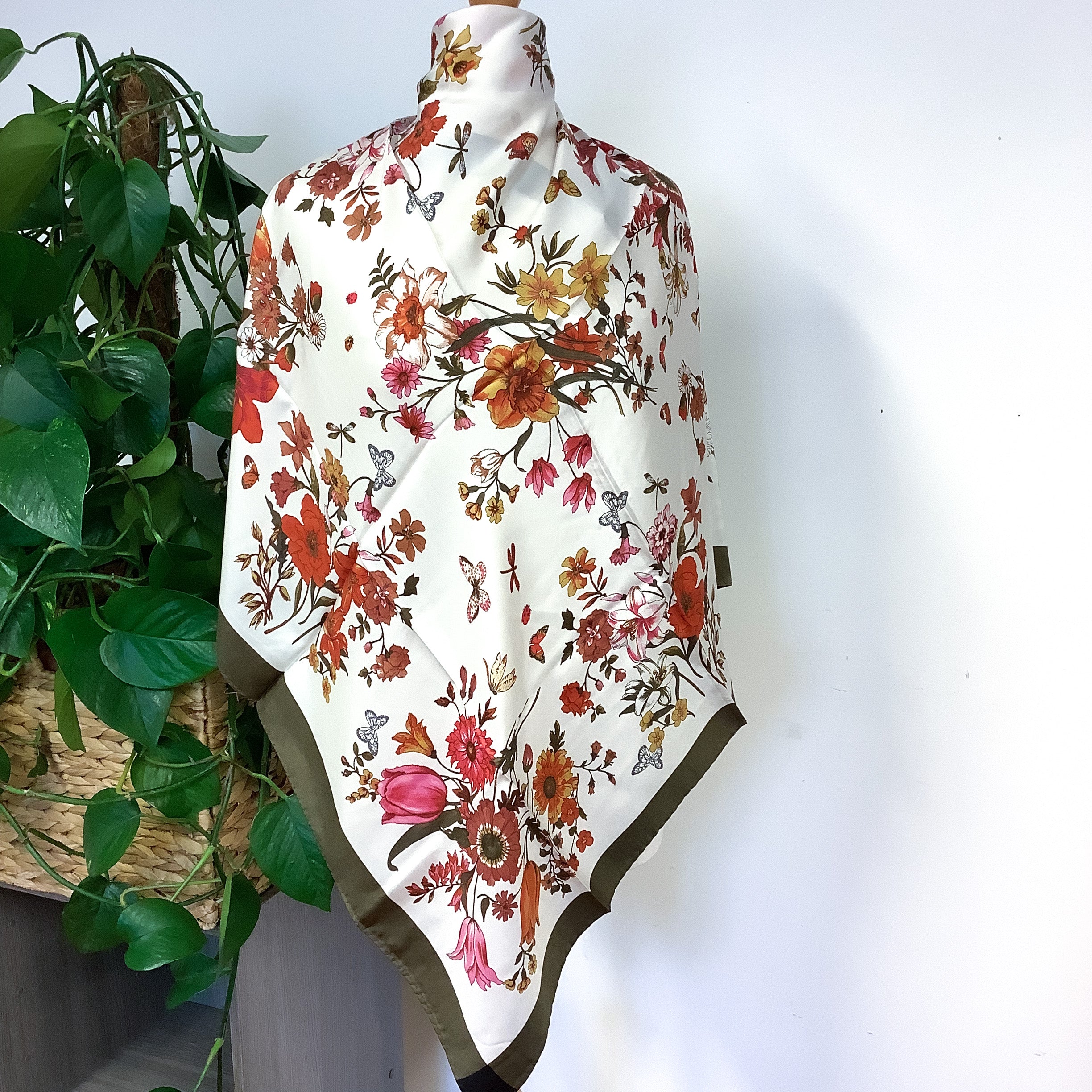 Brand New Italian Khaki Floral Silk Scarf
