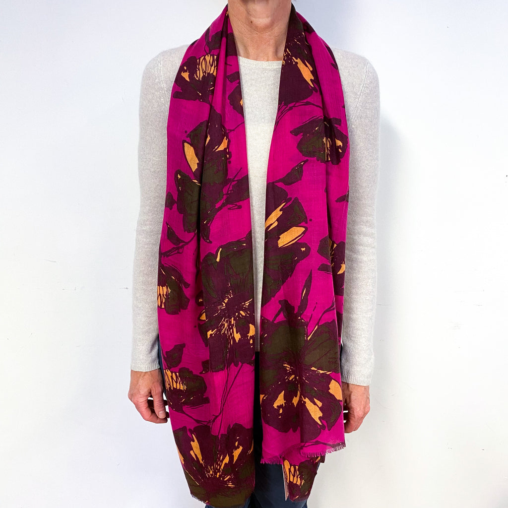 Scottish Fuchsia Pink Floral Lightweight Cashmere Scarf