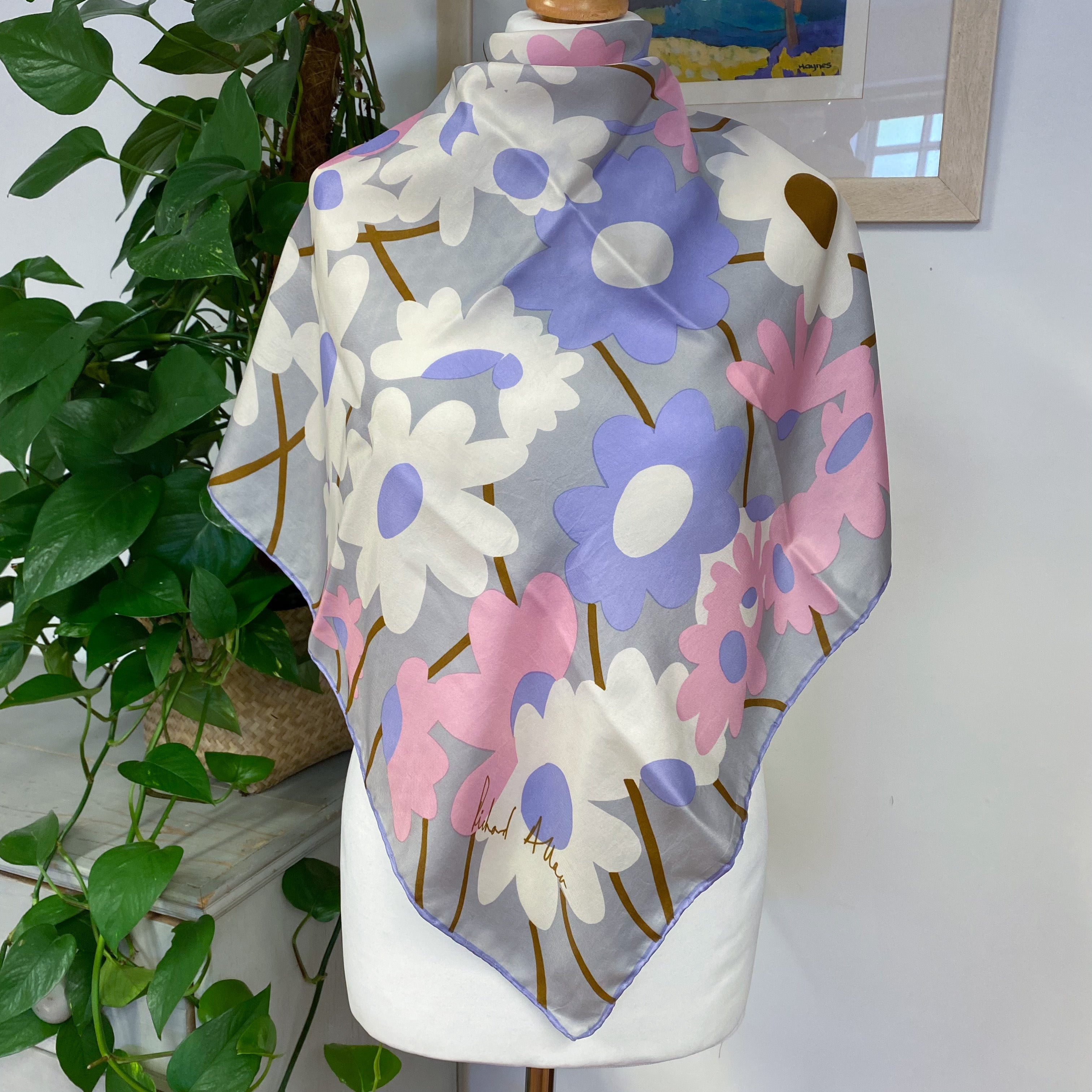 Richard Allen 1970s Abstract Floral Vintage Silk Scarf
