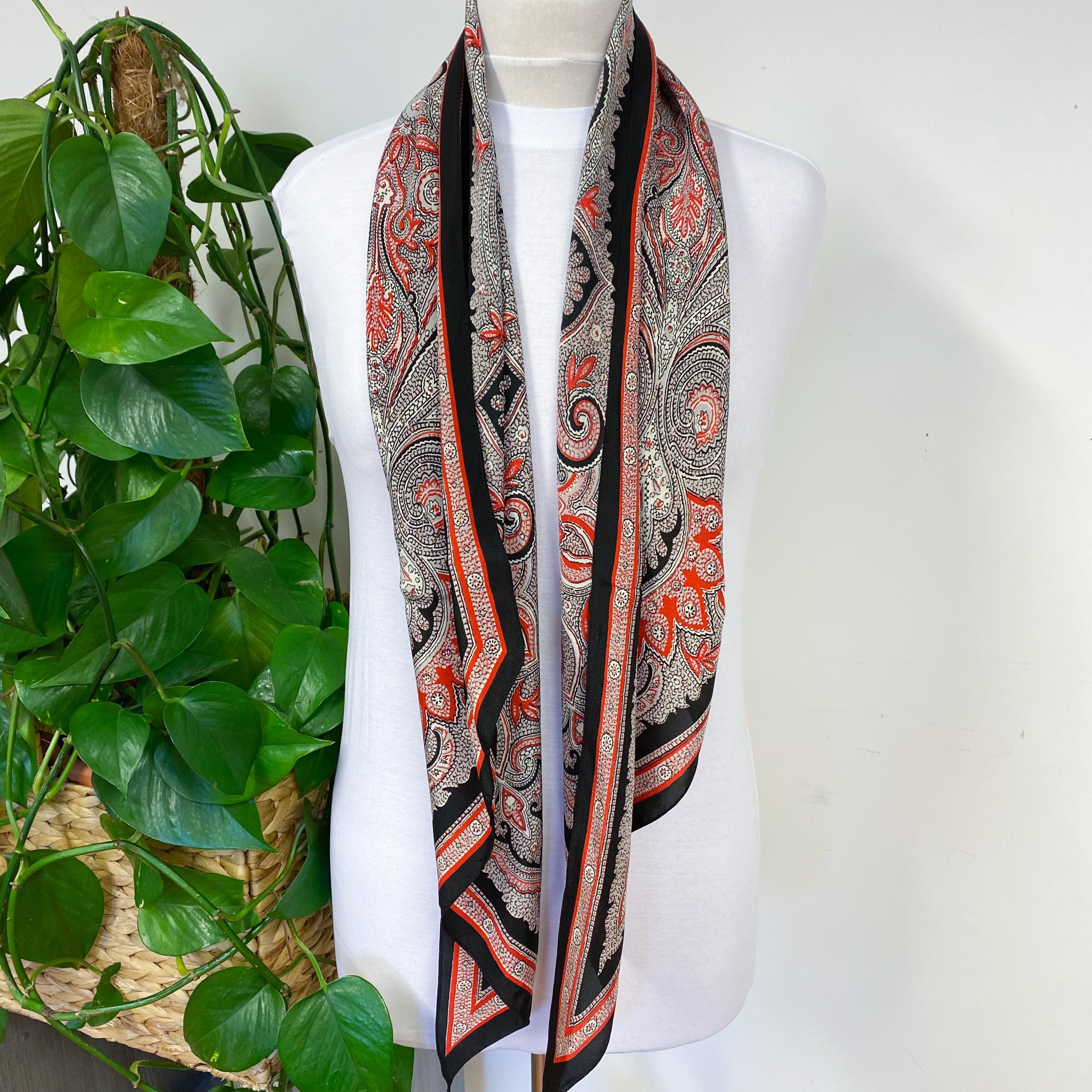 1940s Long Pussy Bow Black and Red Paisley Vintage Silk Scarf
