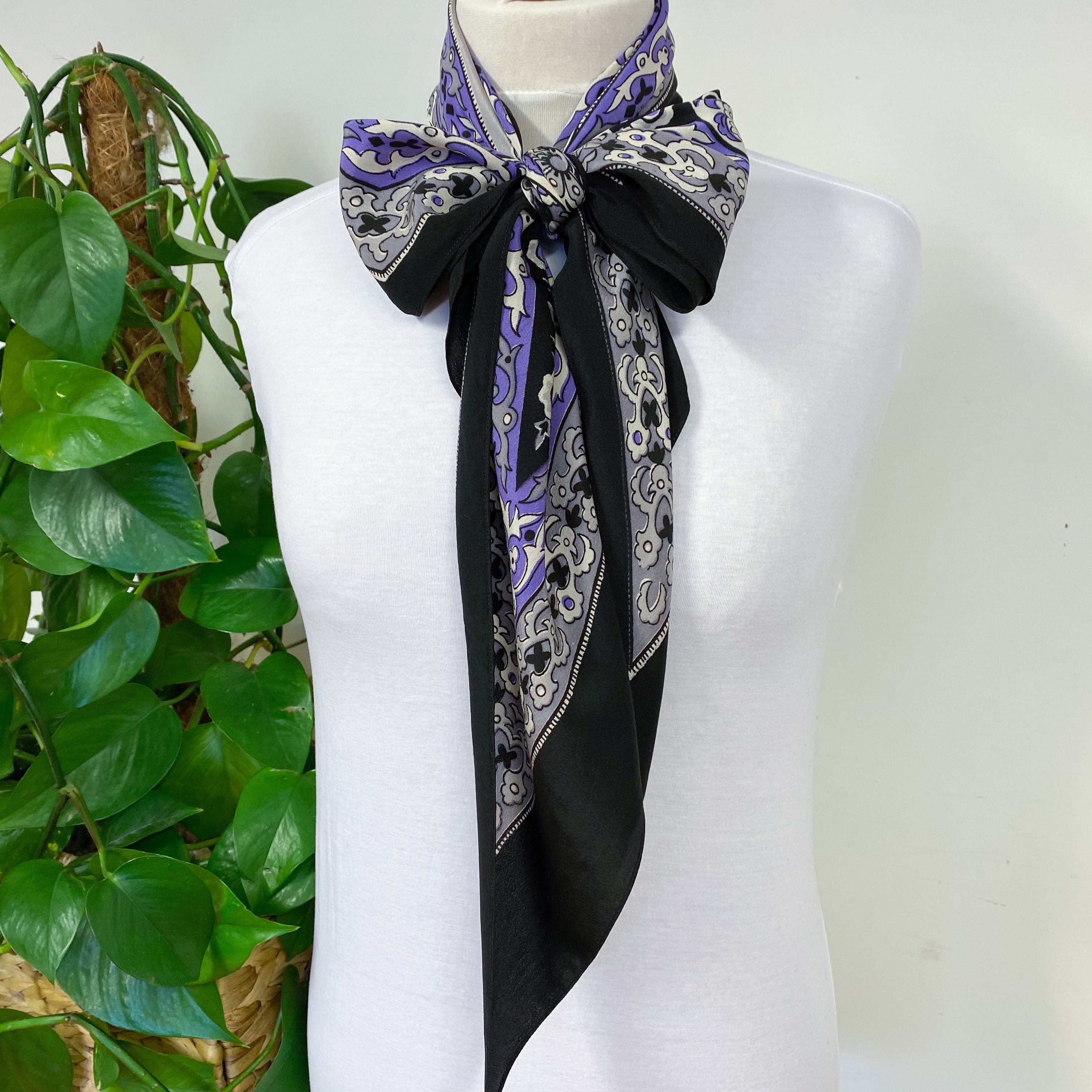 1940s Long Pussy Bow Black and Purple Paisley Vintage Silk Scarf