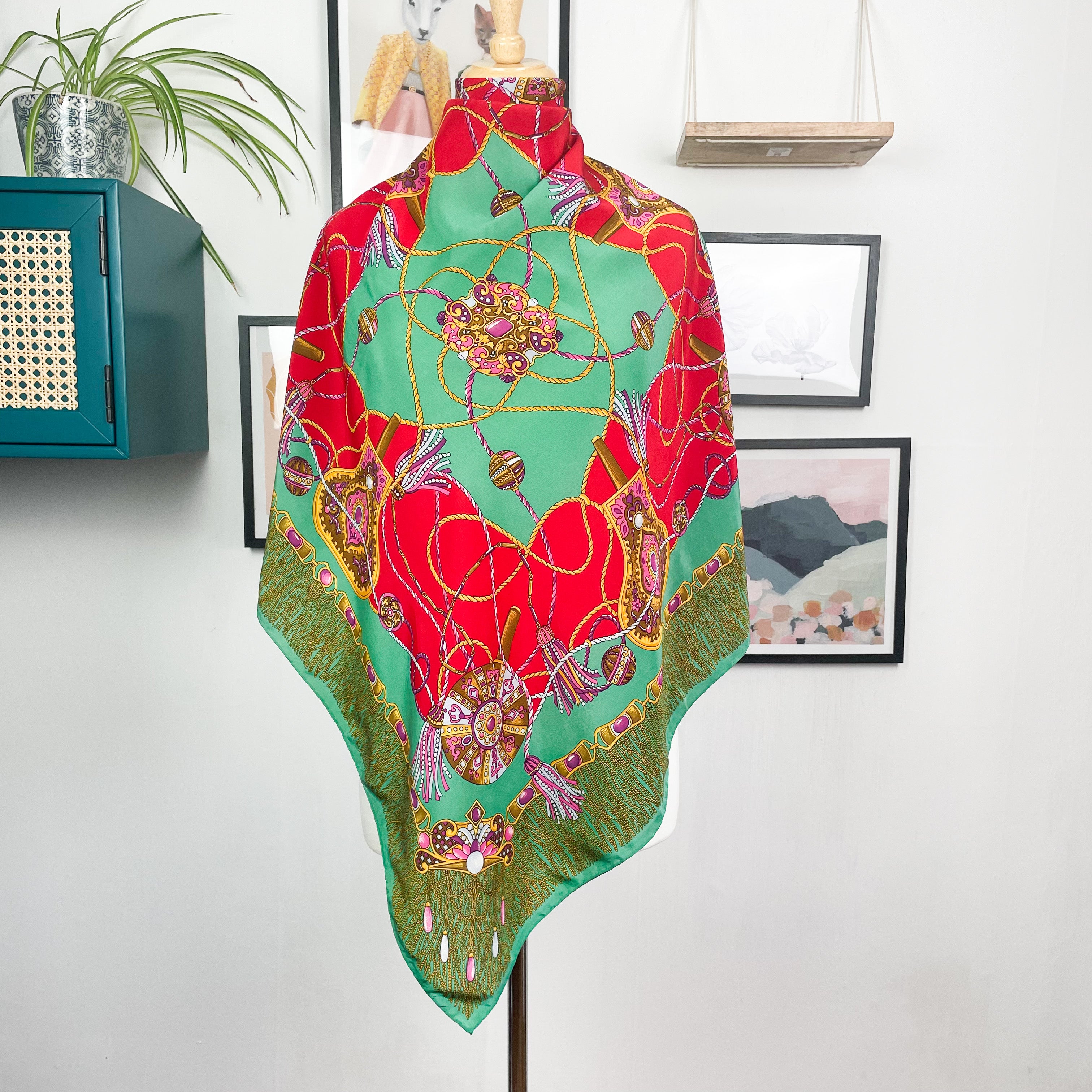 Italian Green and Pink Jewel Design Vintage Silk Scarf