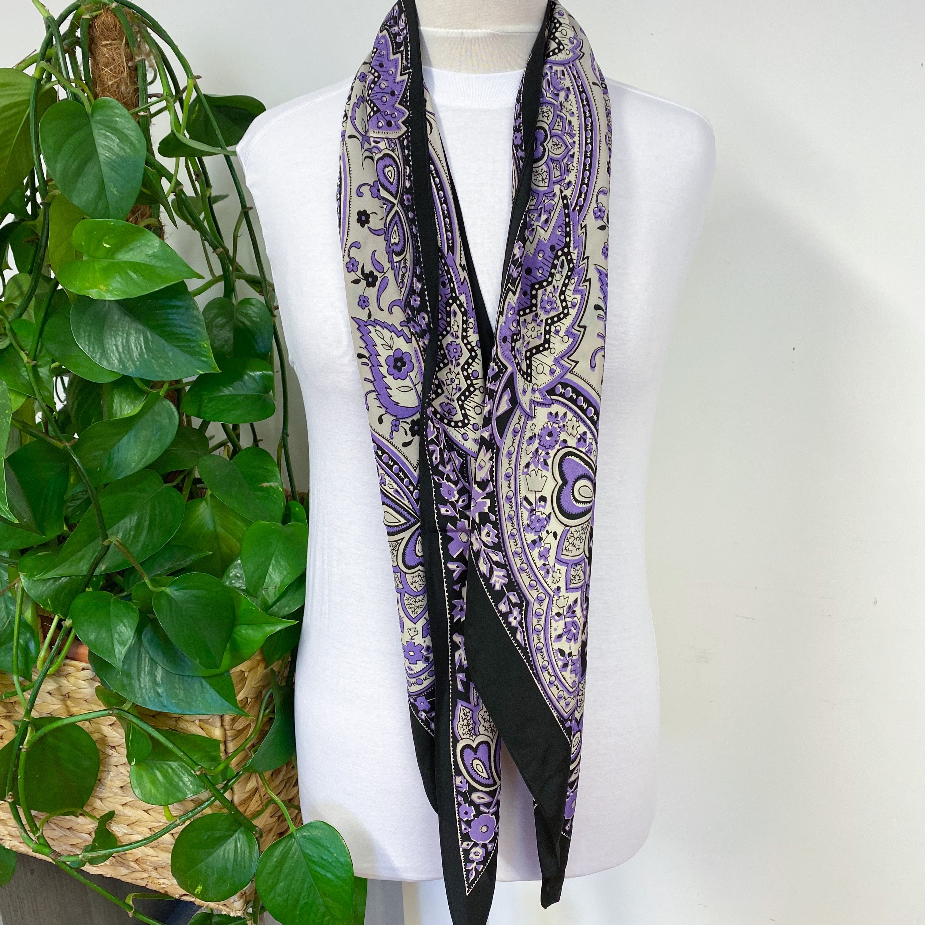 1940s Long Pussy Bow Black and Purple Paisley Vintage Silk Scarf