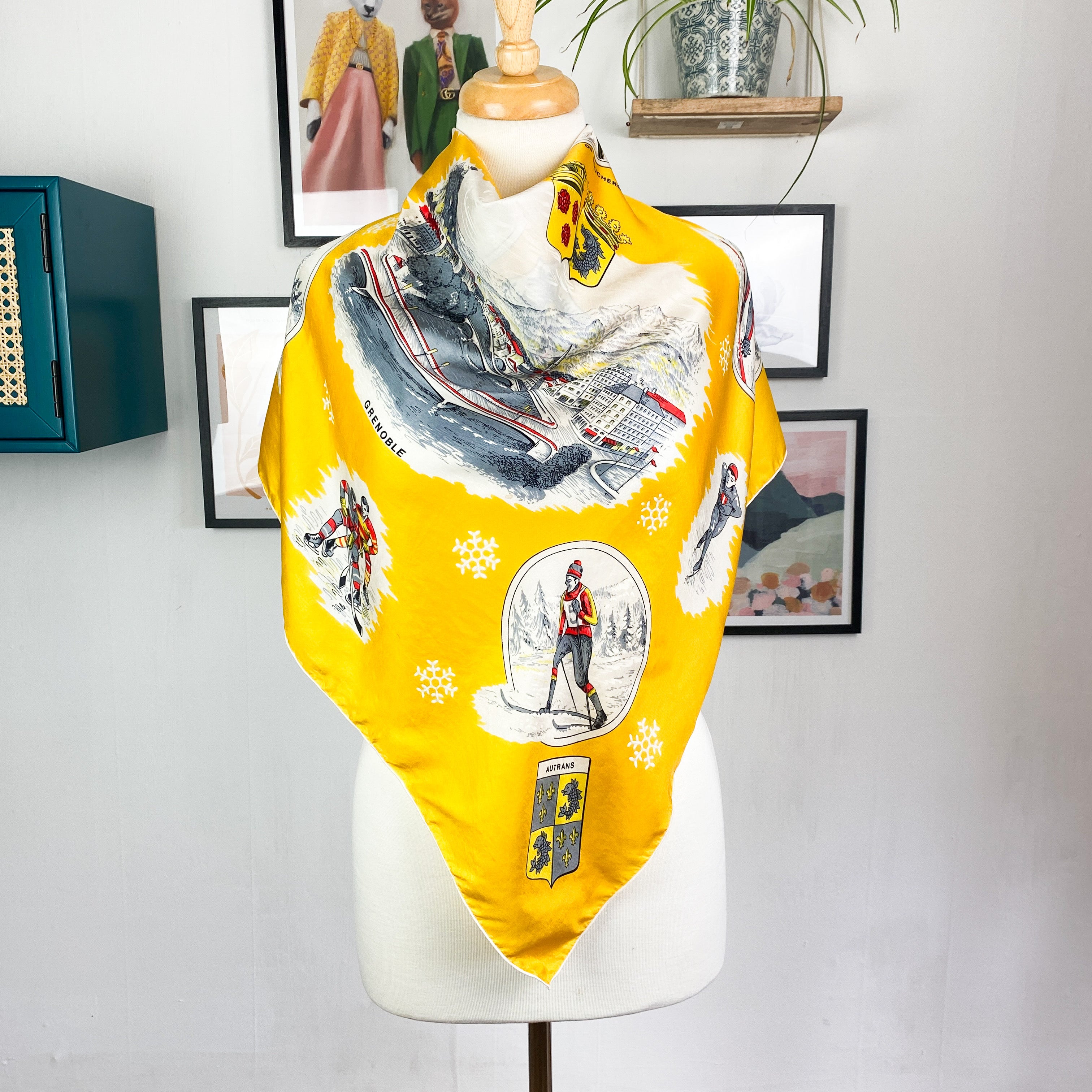 Charming Grenoble Ski Design Vintage Silk Scarf